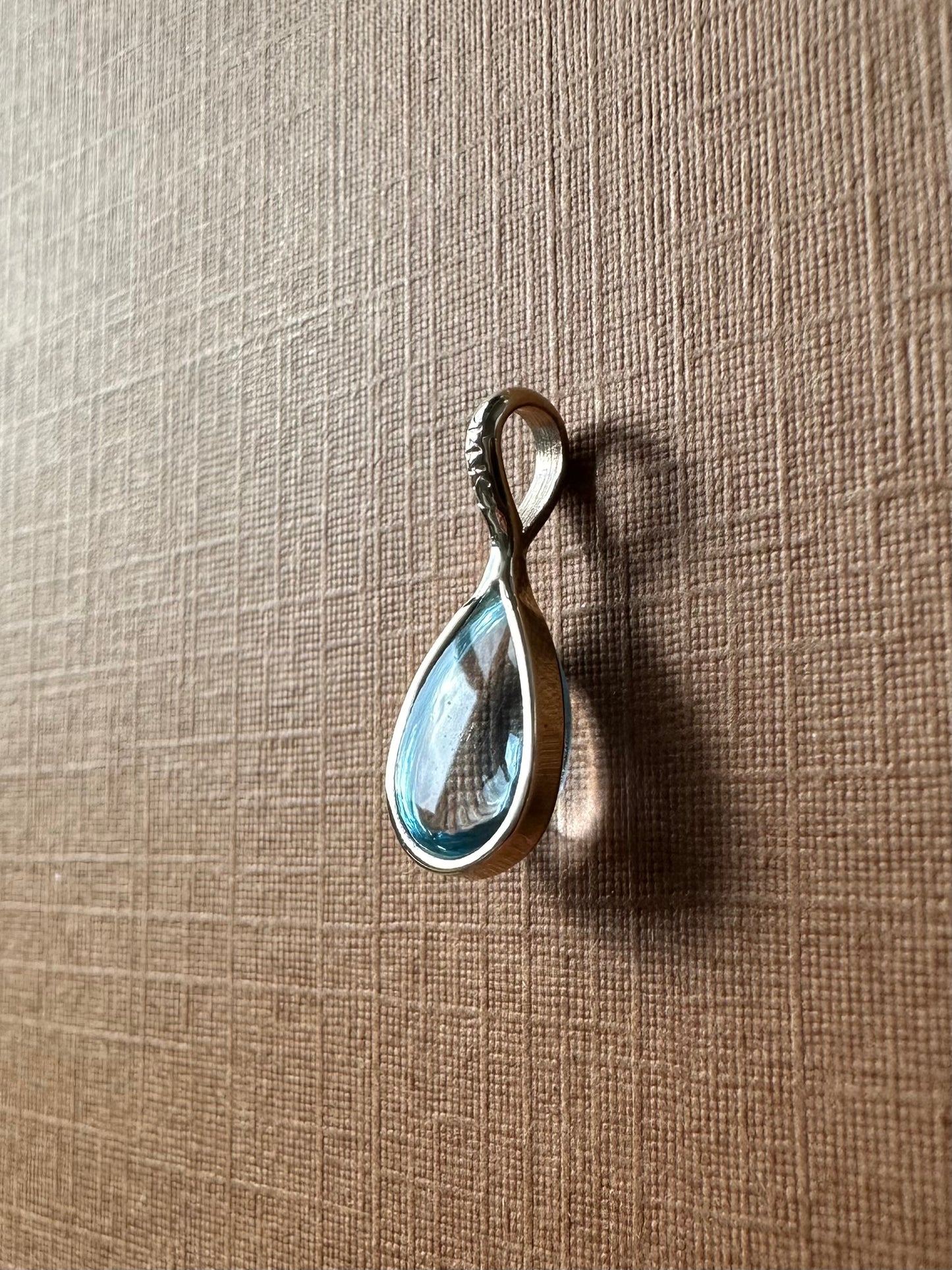 “Water Drop”, 14k Solid Yellow Gold, Blue Topaz Pear Cabochon Mini Pendant