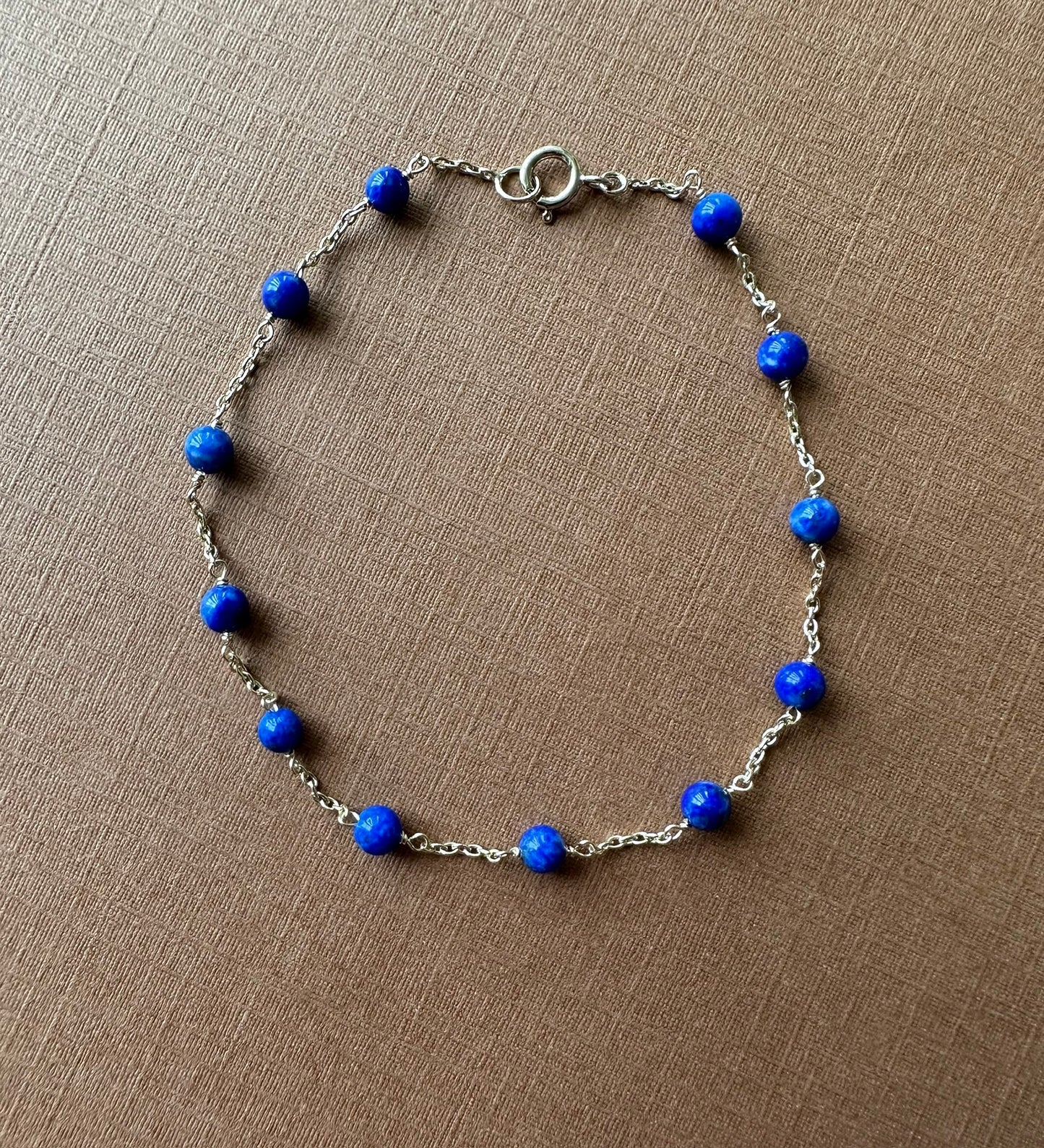 14k Solid Yellow Gold, Blue Lapis Lazuli Beads Station Bracelet