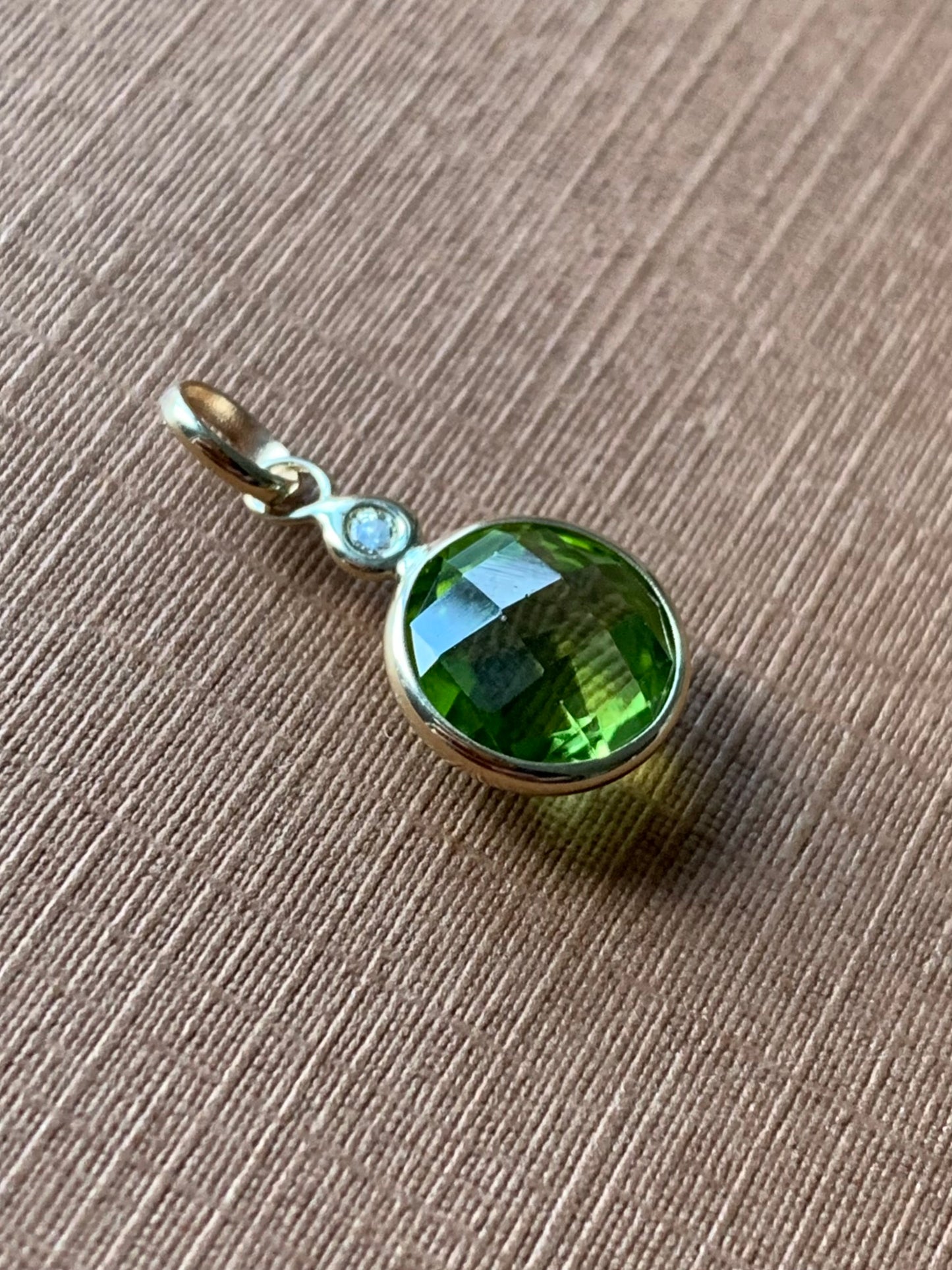 14k Solid Yellow Gold, Diamond, Green Peridot Mini Pendant