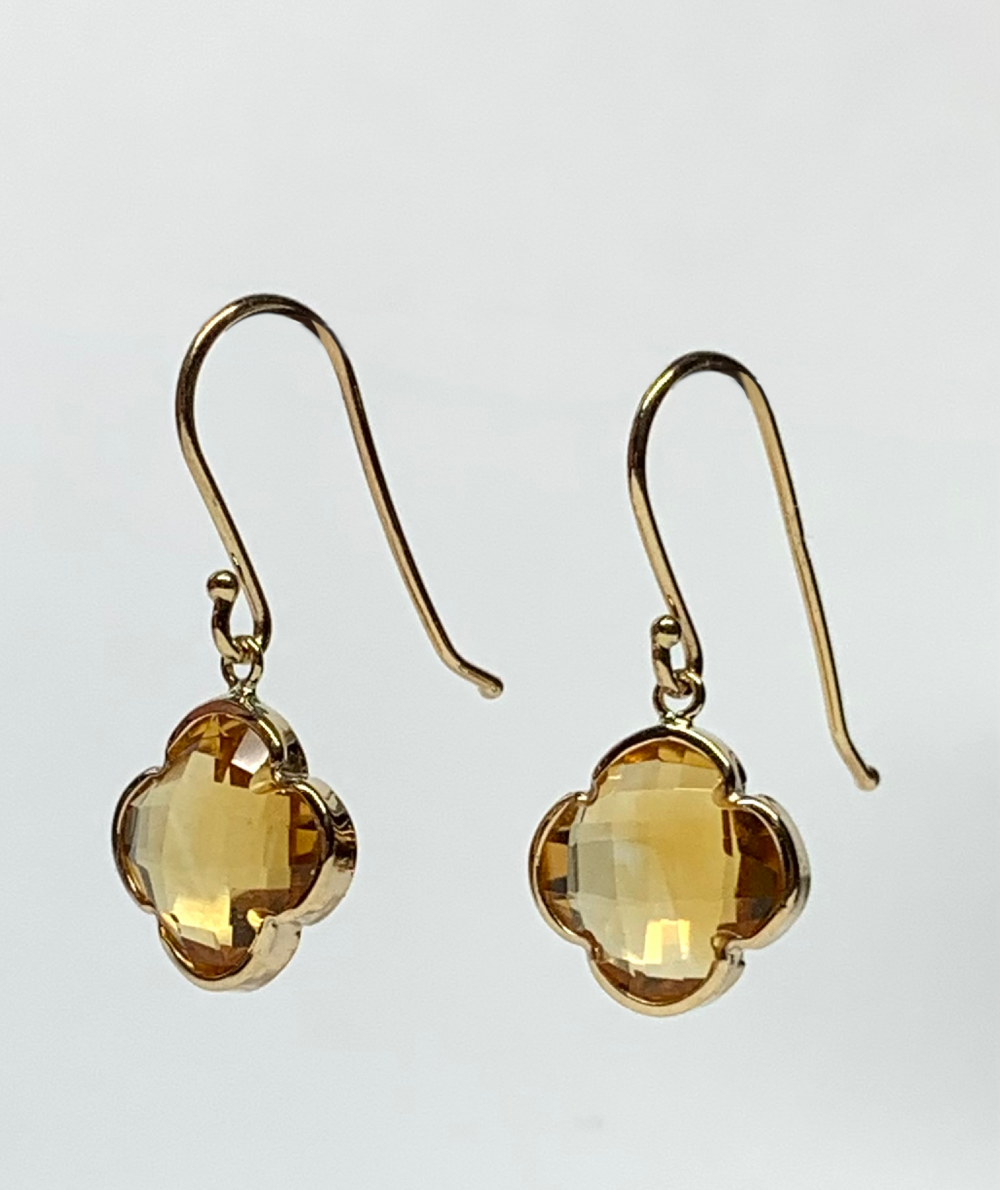 14k Solid Yellow Gold, Yellow Citrine “Clover” Mini Earrings, Fish Hook Ear Wires, French Wire