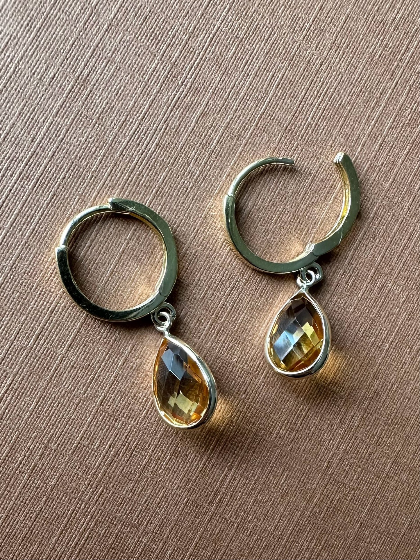 14k Solid Yellow Gold, Yellow Citrine Hoop Earrings, Mini Size