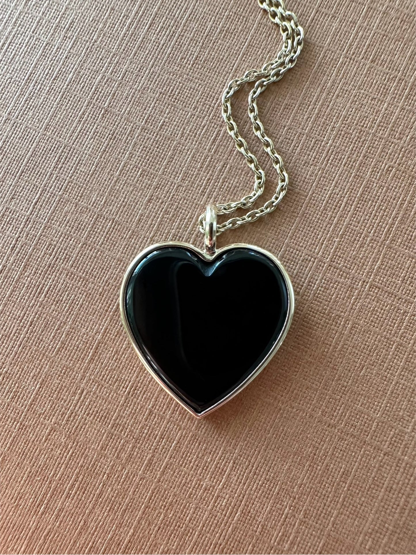 14K Solid Yellow Gold, Black Onyx "Heart" Pendant, Small Size