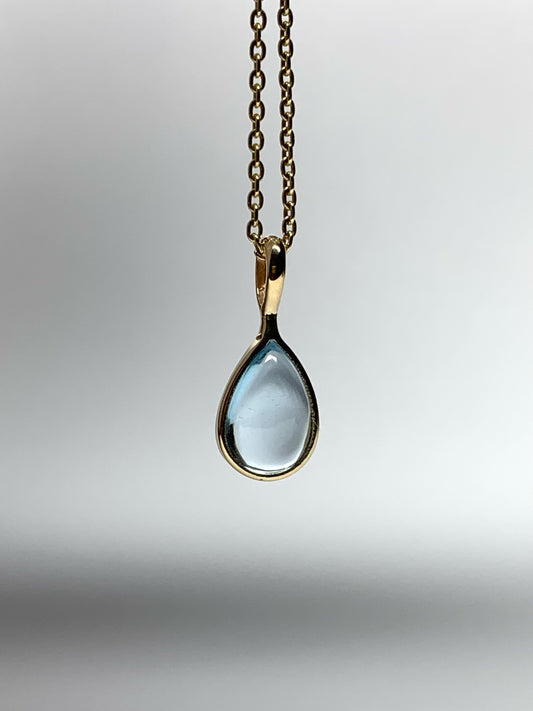 “Water Drop”, 14k Solid Yellow Gold, Blue Topaz Pear Cabochon Mini Pendant