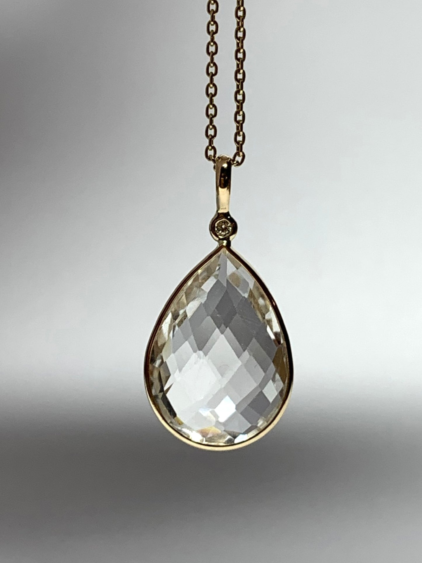 14K Solid Yellow Gold, Diamond, Clear Quartz Drop Pendant