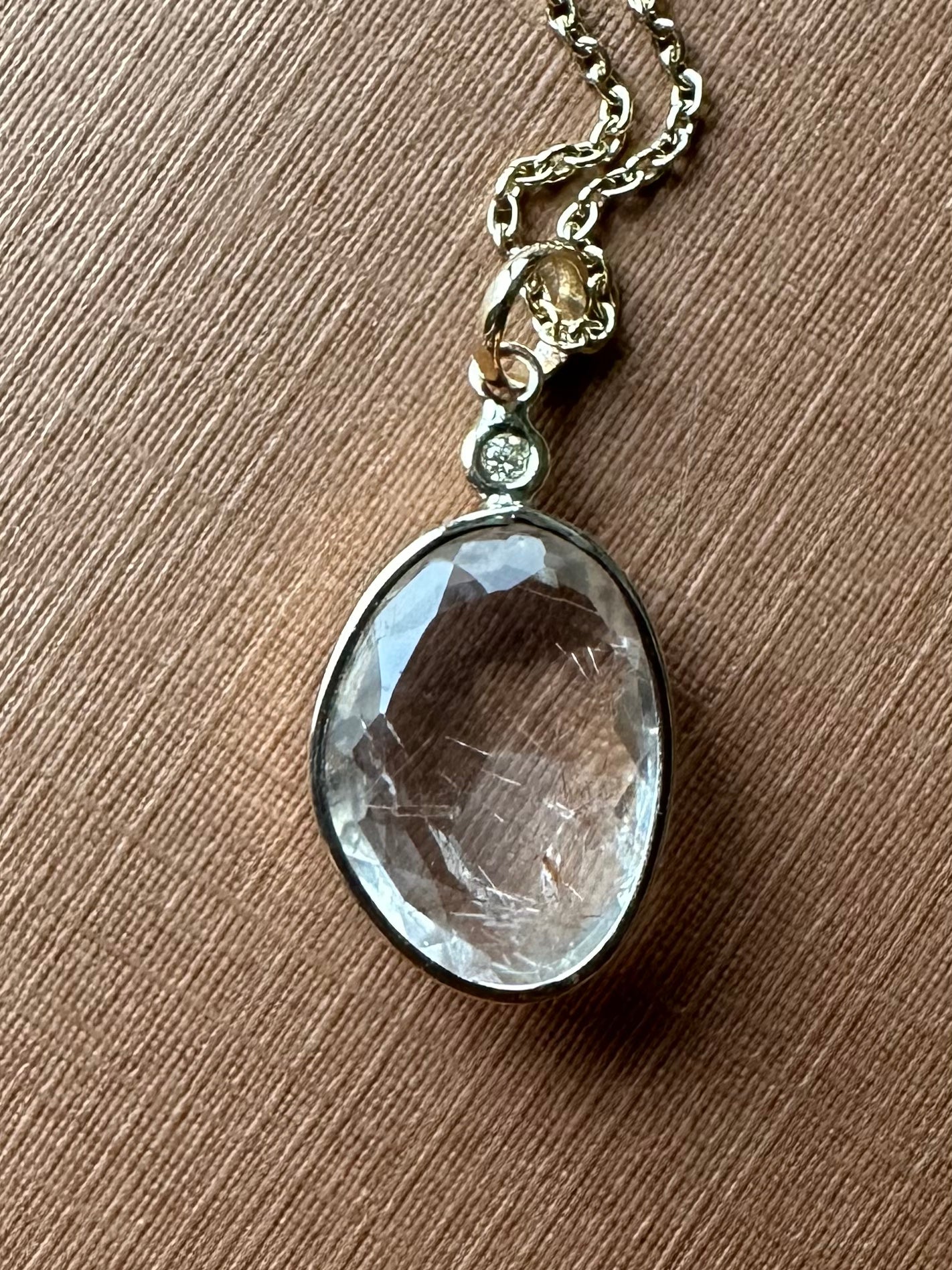 14k Solid Yellow Gold, Diamond, Rutile Quartz Pendant