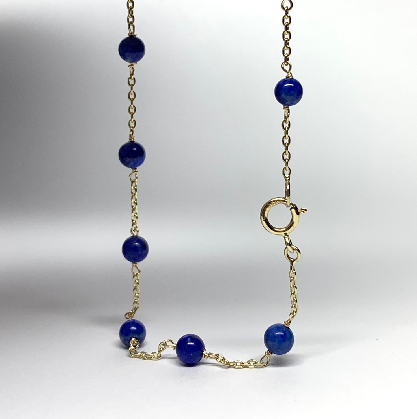 14k Solid Yellow Gold, Blue Lapis Lazuli Beads Station Bracelet