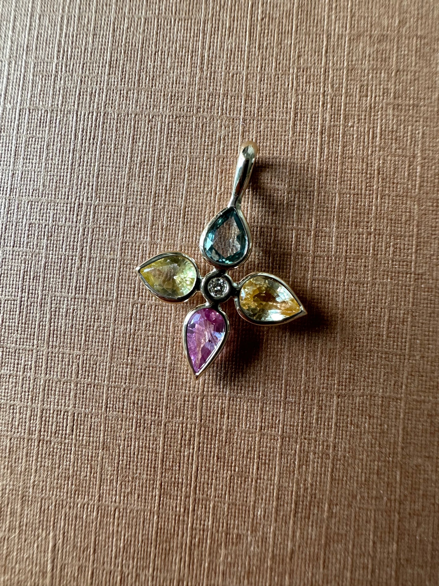 14K Solid Yellow Gold, Multi Color  Sapphires, Diamond “Flower” Pendant, Mini Size