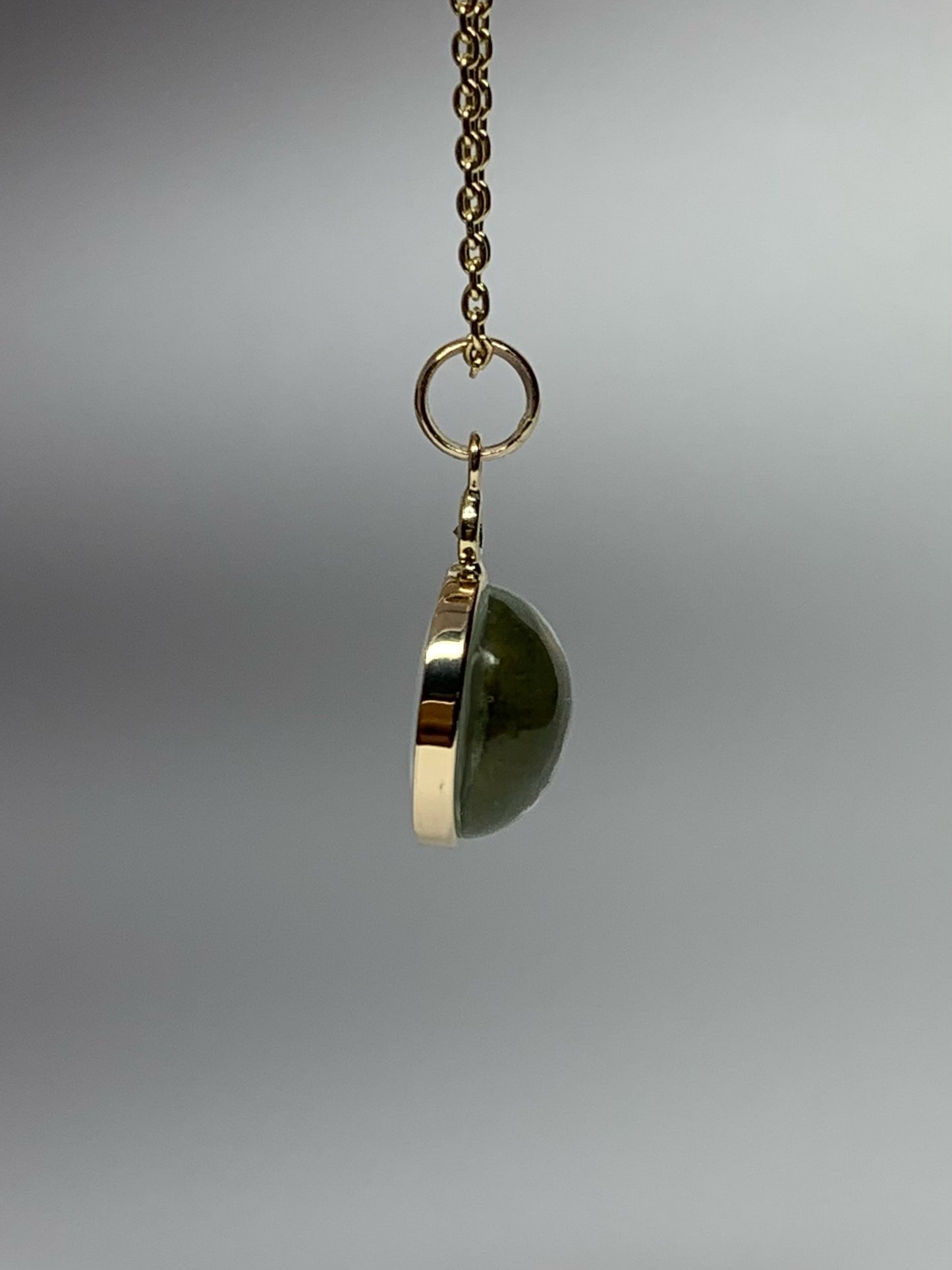 14k Solid Yellow Gold, White Diamond, Green Amethyst Cabochon Mini Pendant