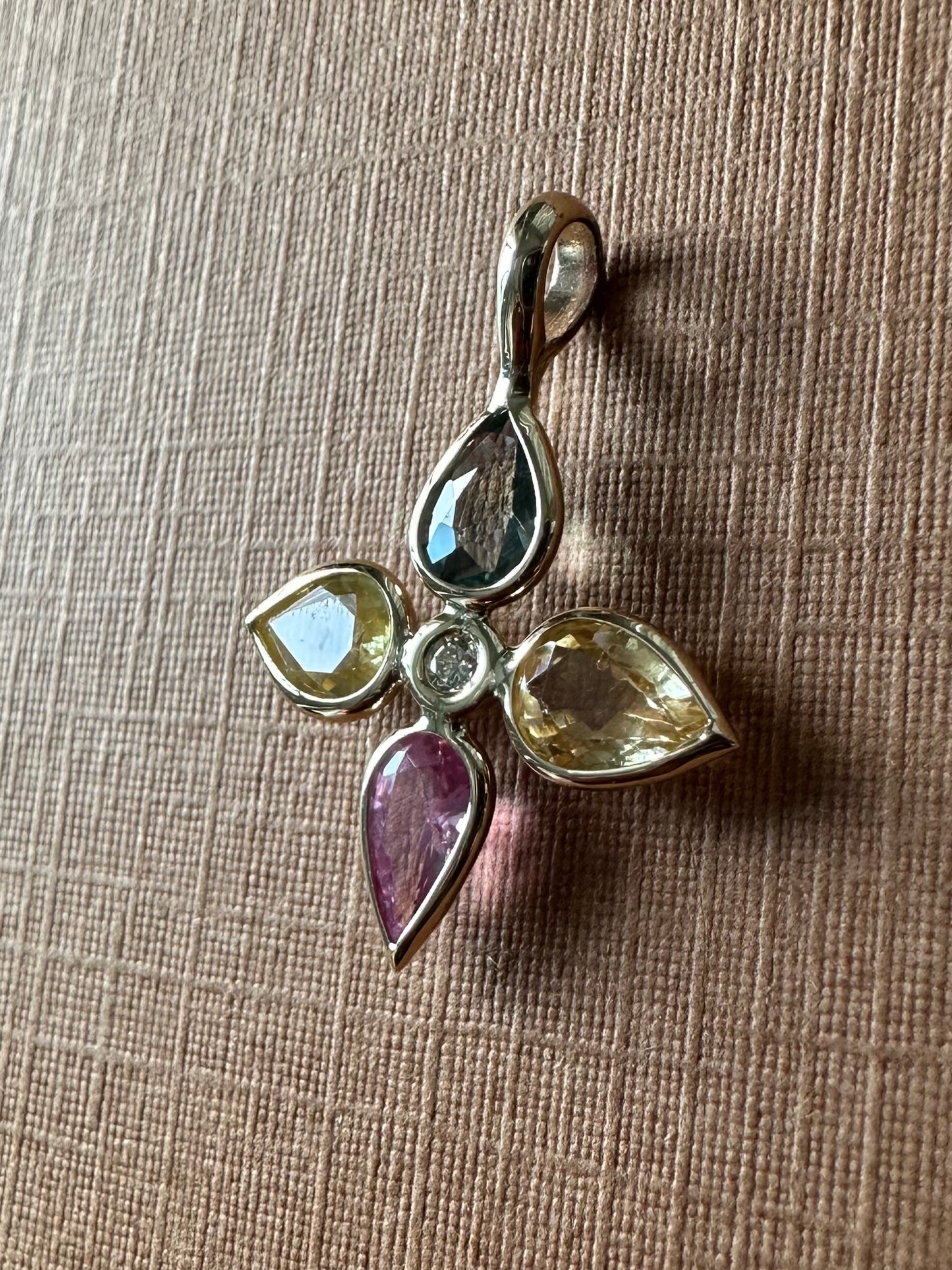 14K Solid Yellow Gold, Multi Color  Sapphires, Diamond “Flower” Pendant, Mini Size