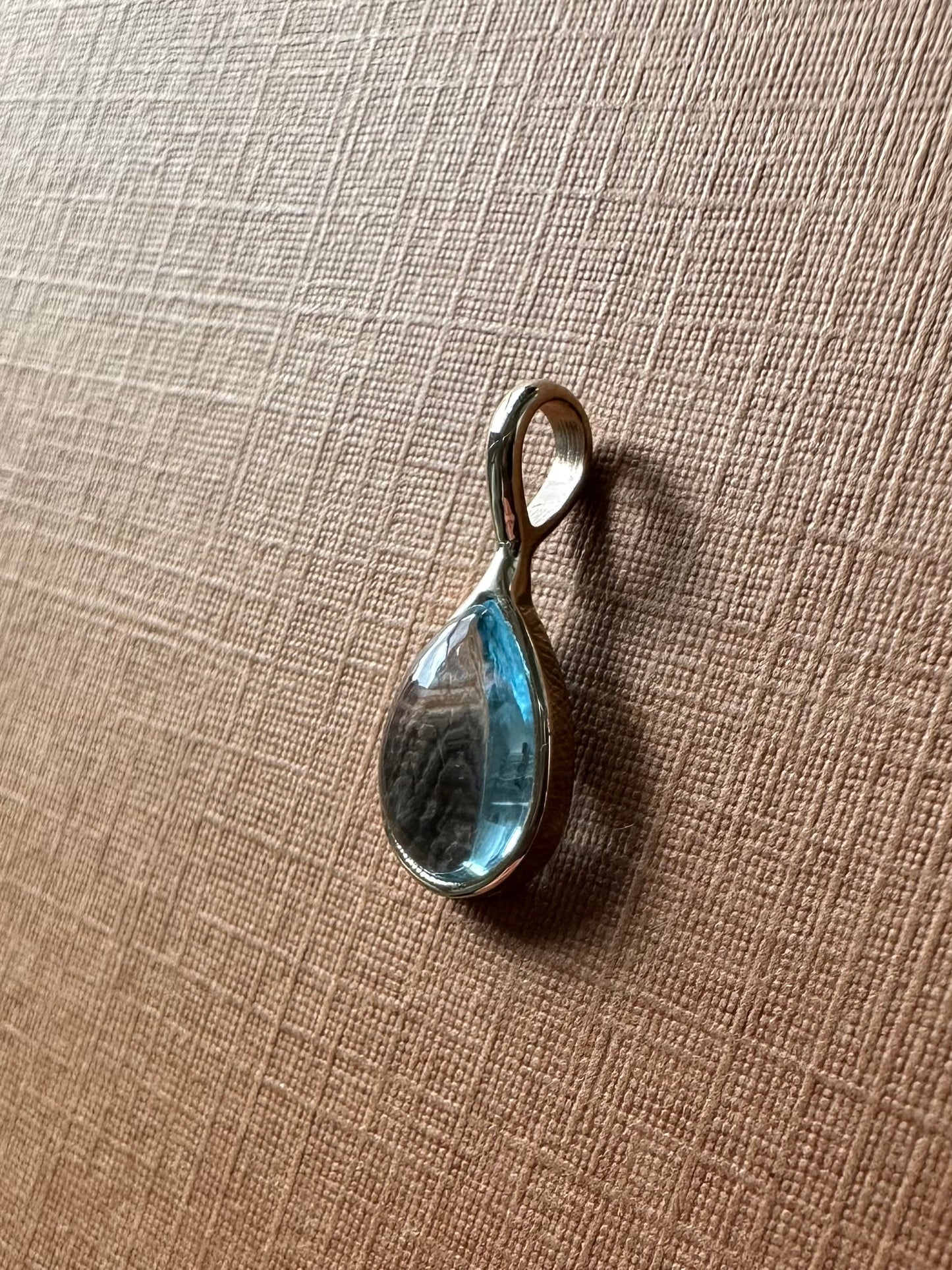 “Water Drop”, 14k Solid Yellow Gold, Blue Topaz Pear Cabochon Mini Pendant