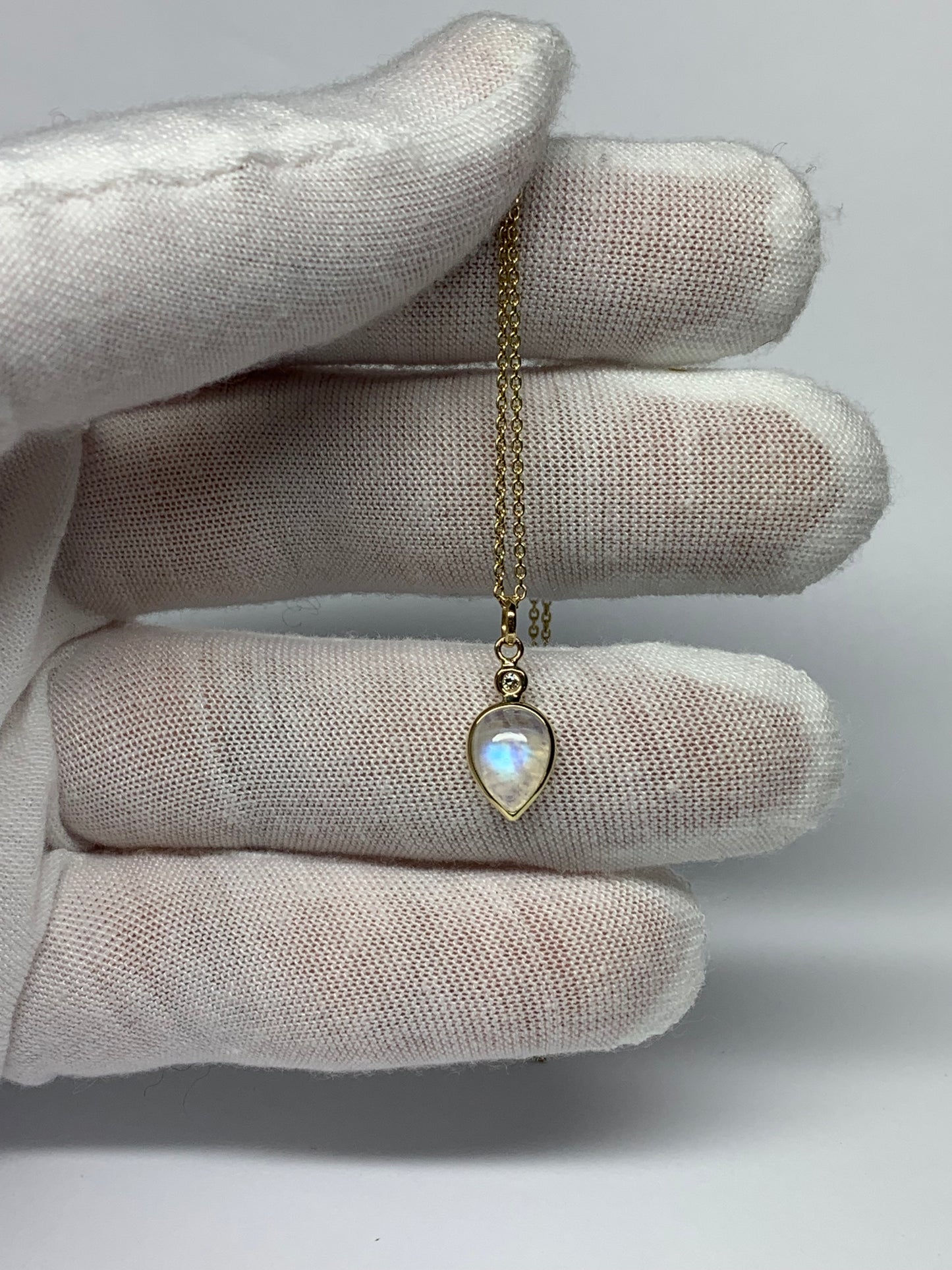 18k Solid Yellow Gold, Diamond, Pear Shaped Blue Rainbow Moonstone Mini Pendant