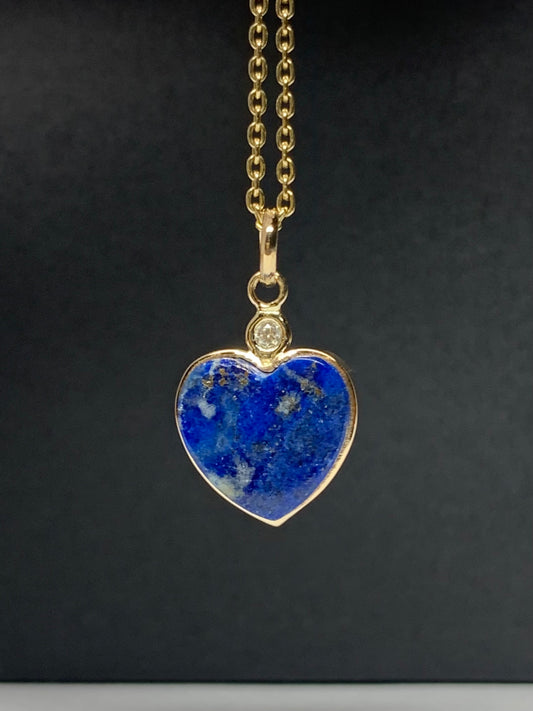 14k Solid Yellow Gold, Diamond, Blue Lapis Lazuli “Heart” Mini Pendant