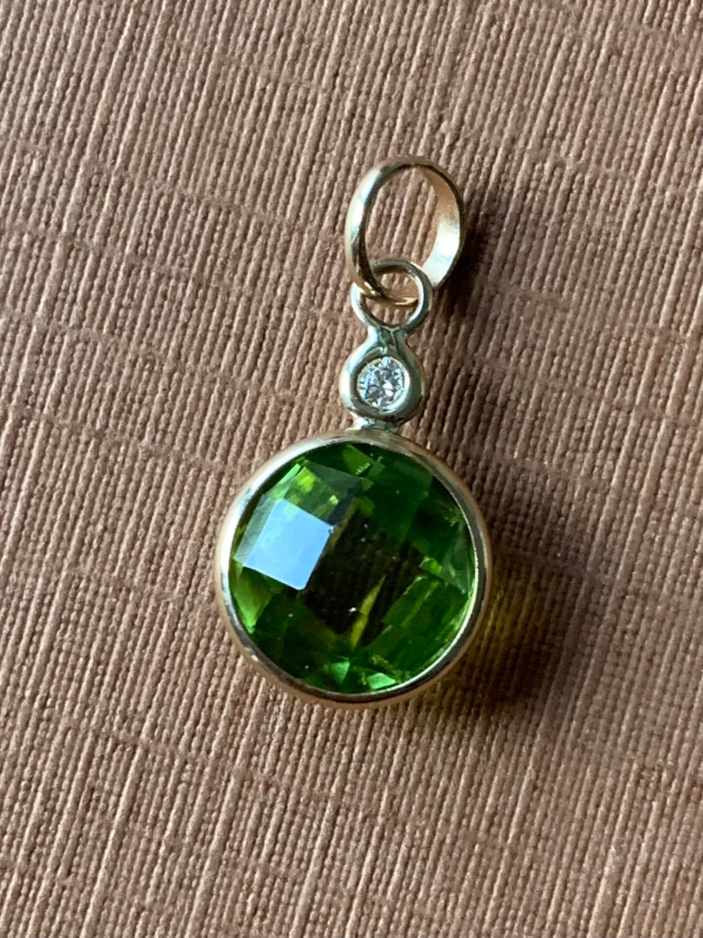 14k Solid Yellow Gold, Diamond, Green Peridot Mini Pendant