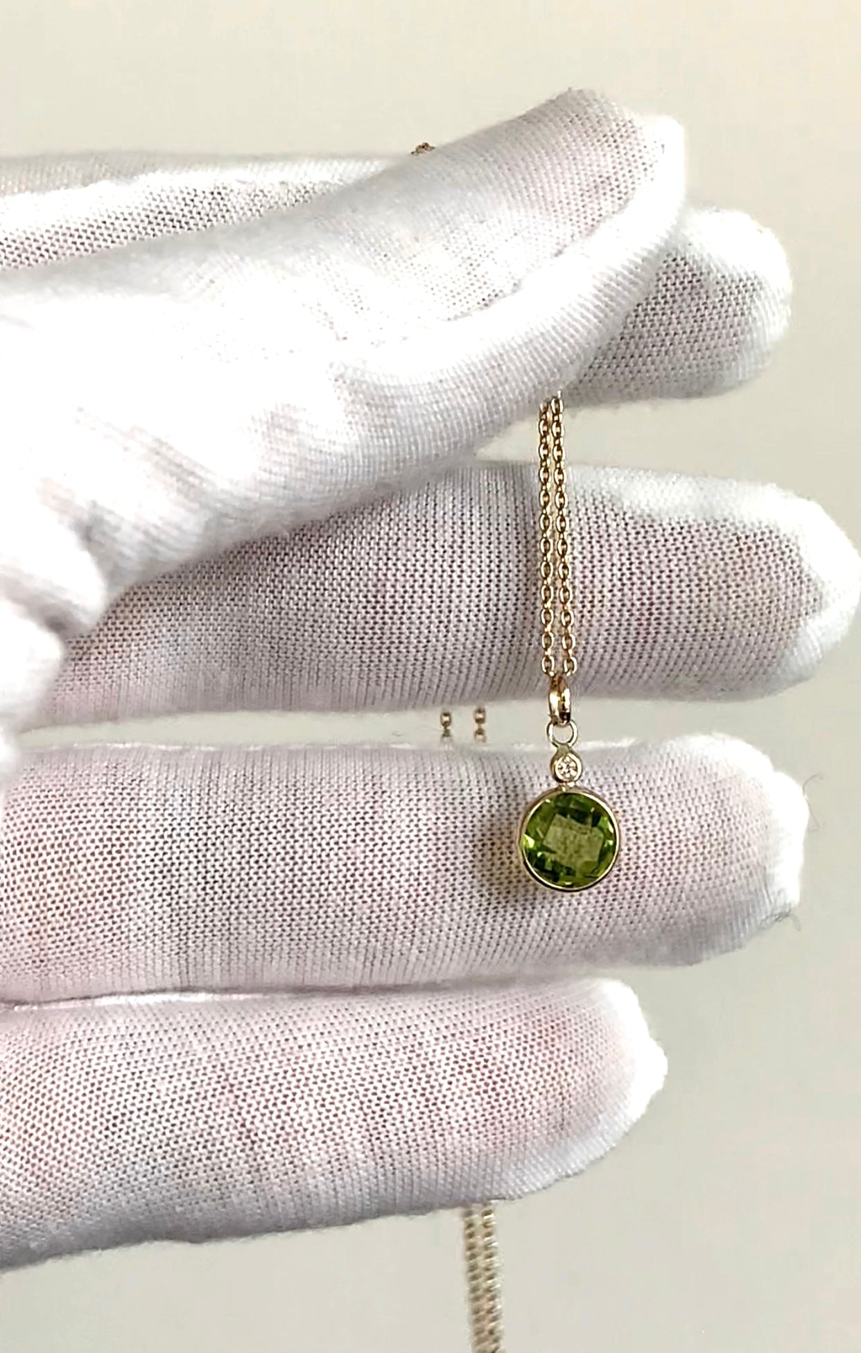 14k Solid Yellow Gold, Diamond, Green Peridot Mini Pendant