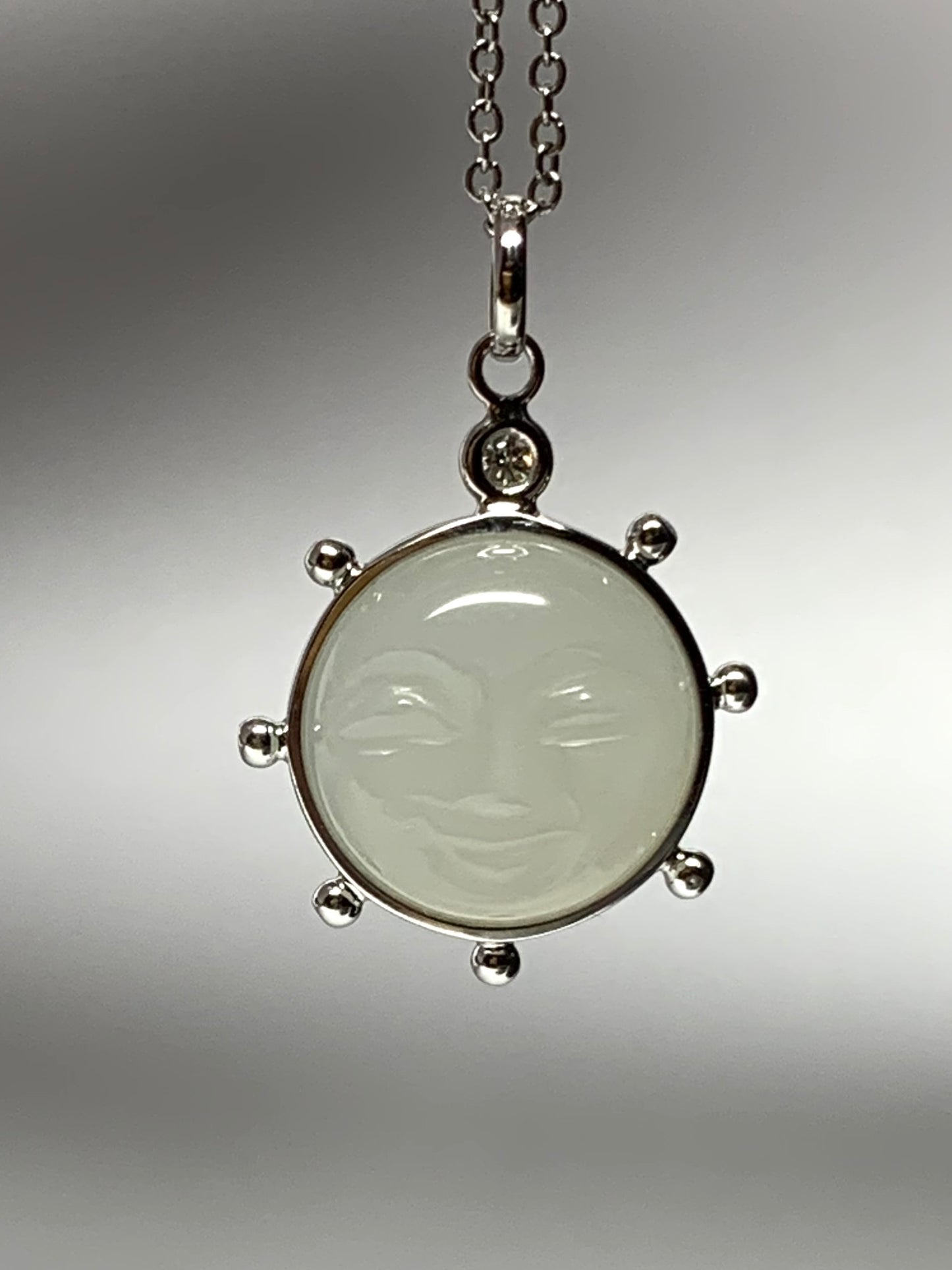 14k Solid White Gold, White Moonstone, Diamond “Sun” Pendant, Small Size