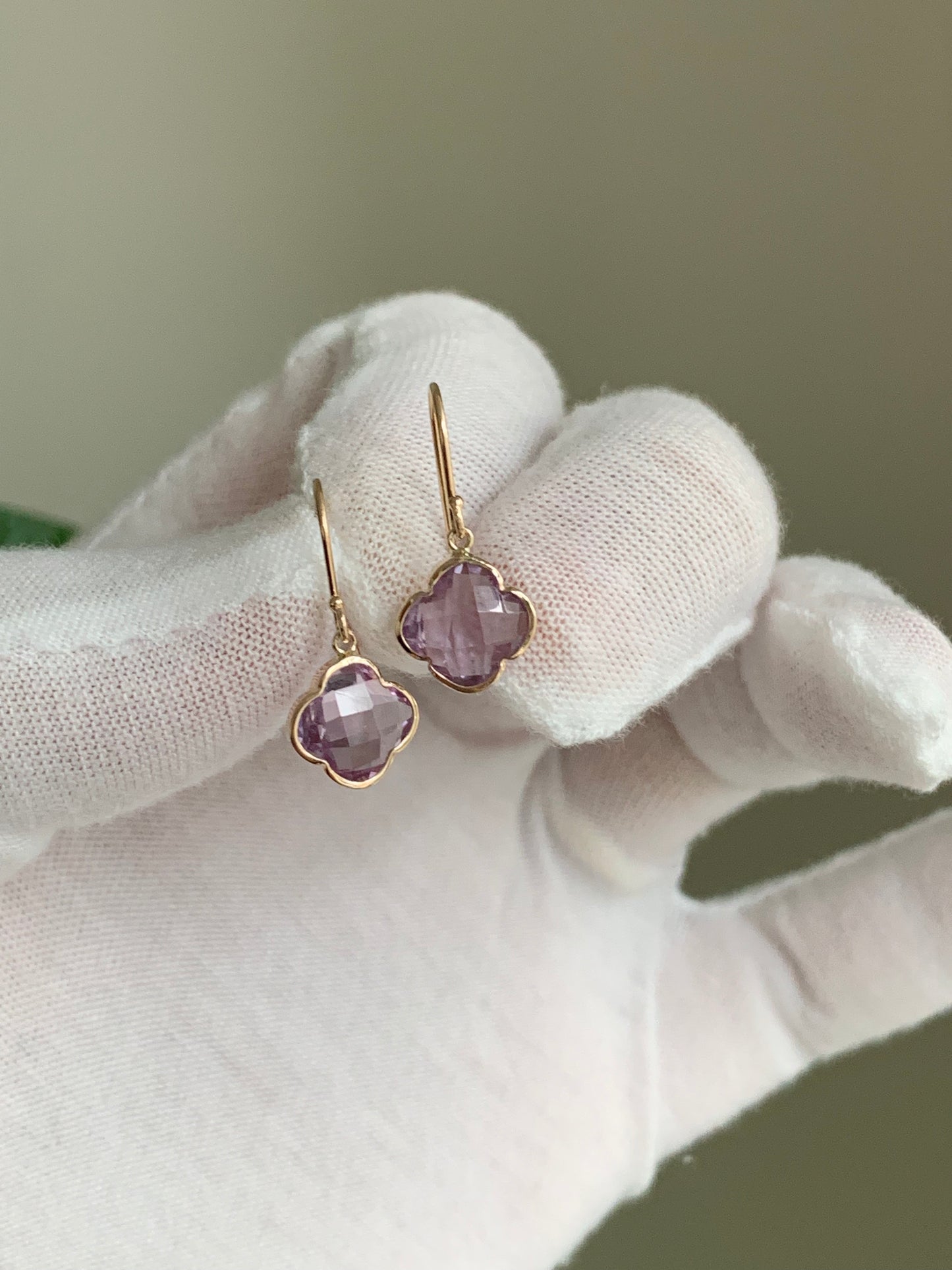 14k Solid Yellow Gold, Pink Amethyst “Clover” Mini Earrings, Fish Hook Ear Wires, French Wire