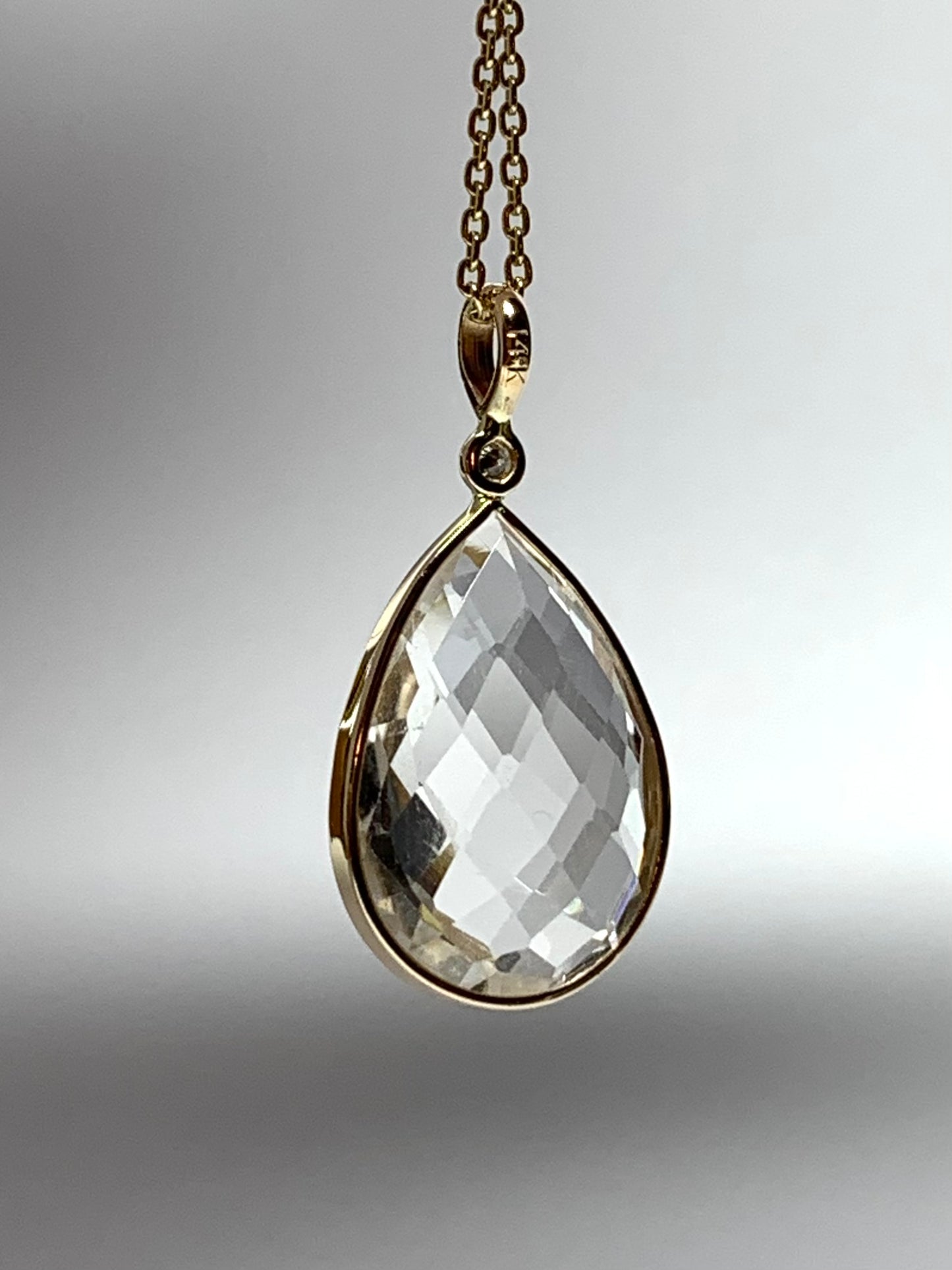 14K Solid Yellow Gold, Diamond, Clear Quartz Drop Pendant