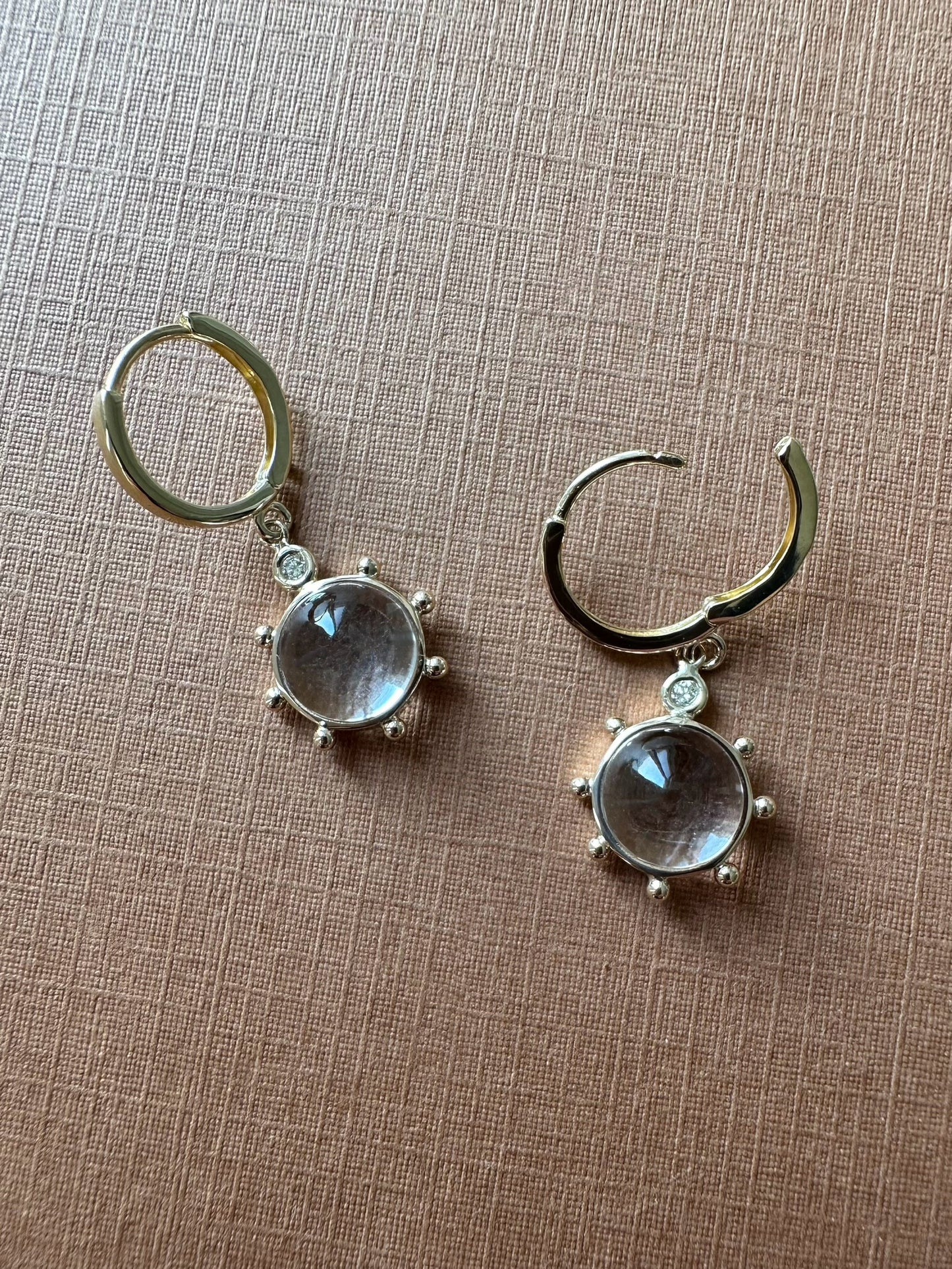 14k Solid Yellow Gold, Diamonds, Clear Quartz “Sun” Mini Earrings