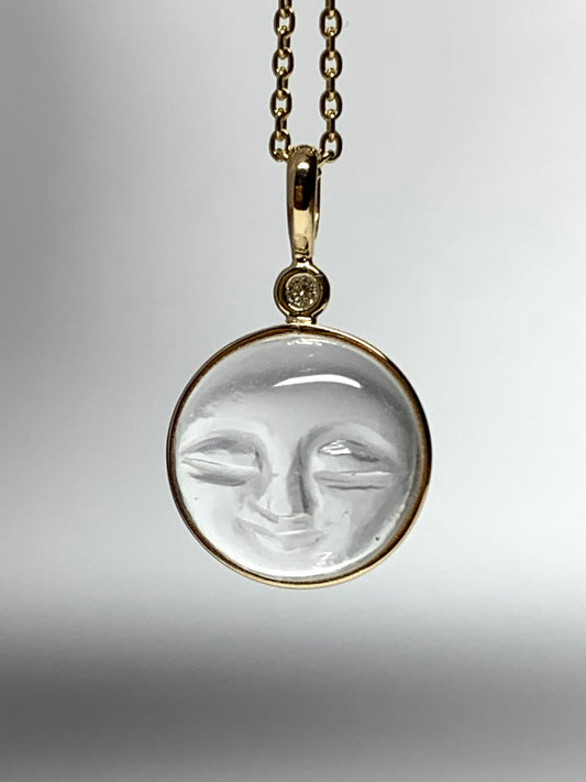 14k Solid Yellow Gold, Clear Quartz, White Diamond “Moon and Star” Pendant, Carved Face, Small Size