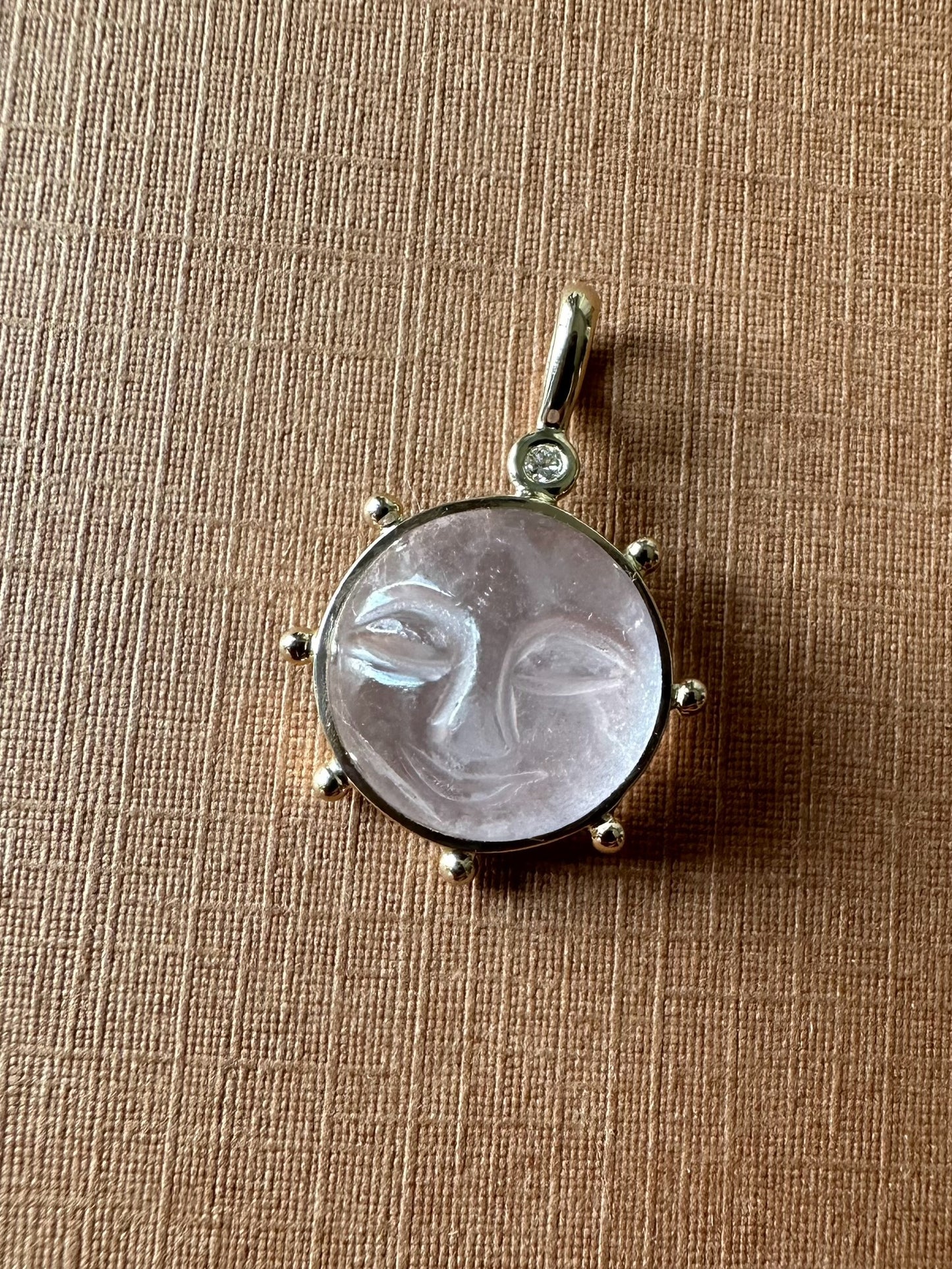 14k Solid Yellow Gold, Rose Pink Quartz, Diamond “Sun” Pendant