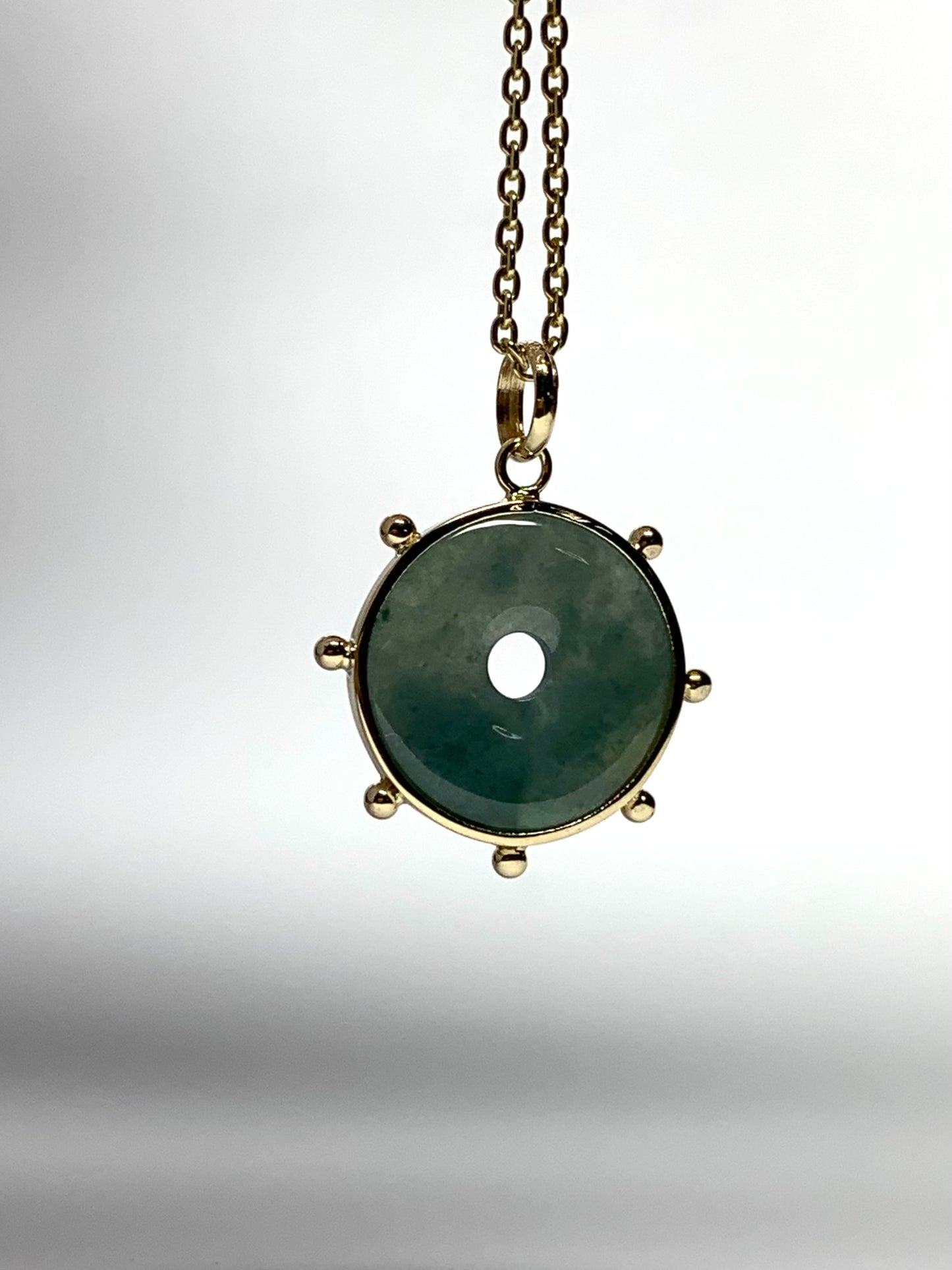 14k Solid Yellow Gold, Natural Green Jade Donut “Sun” Pendant, Mini Size