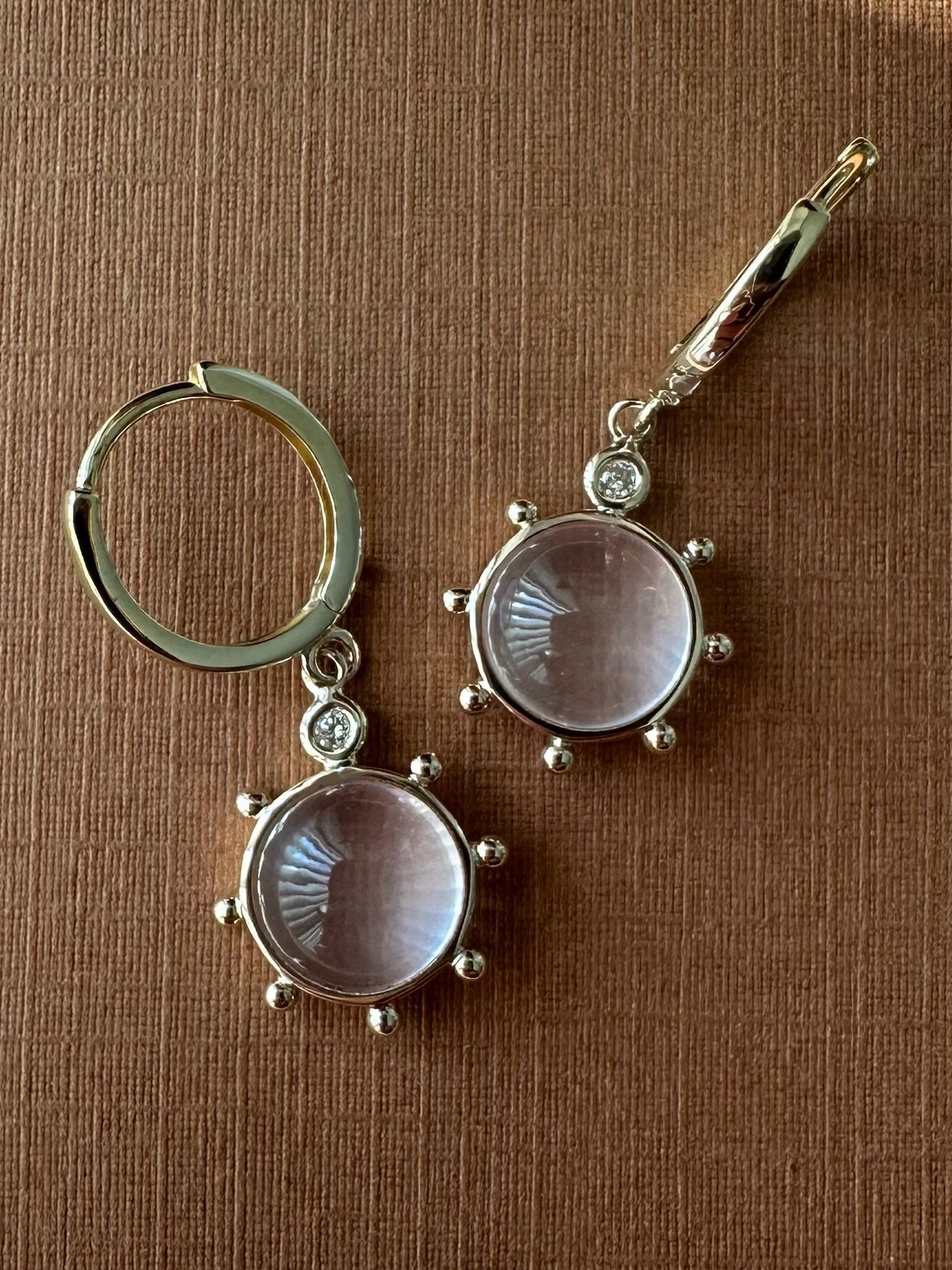 14k Solid Yellow Gold, Diamonds, Rose Pink Quartz “Sun” Mini Earrings