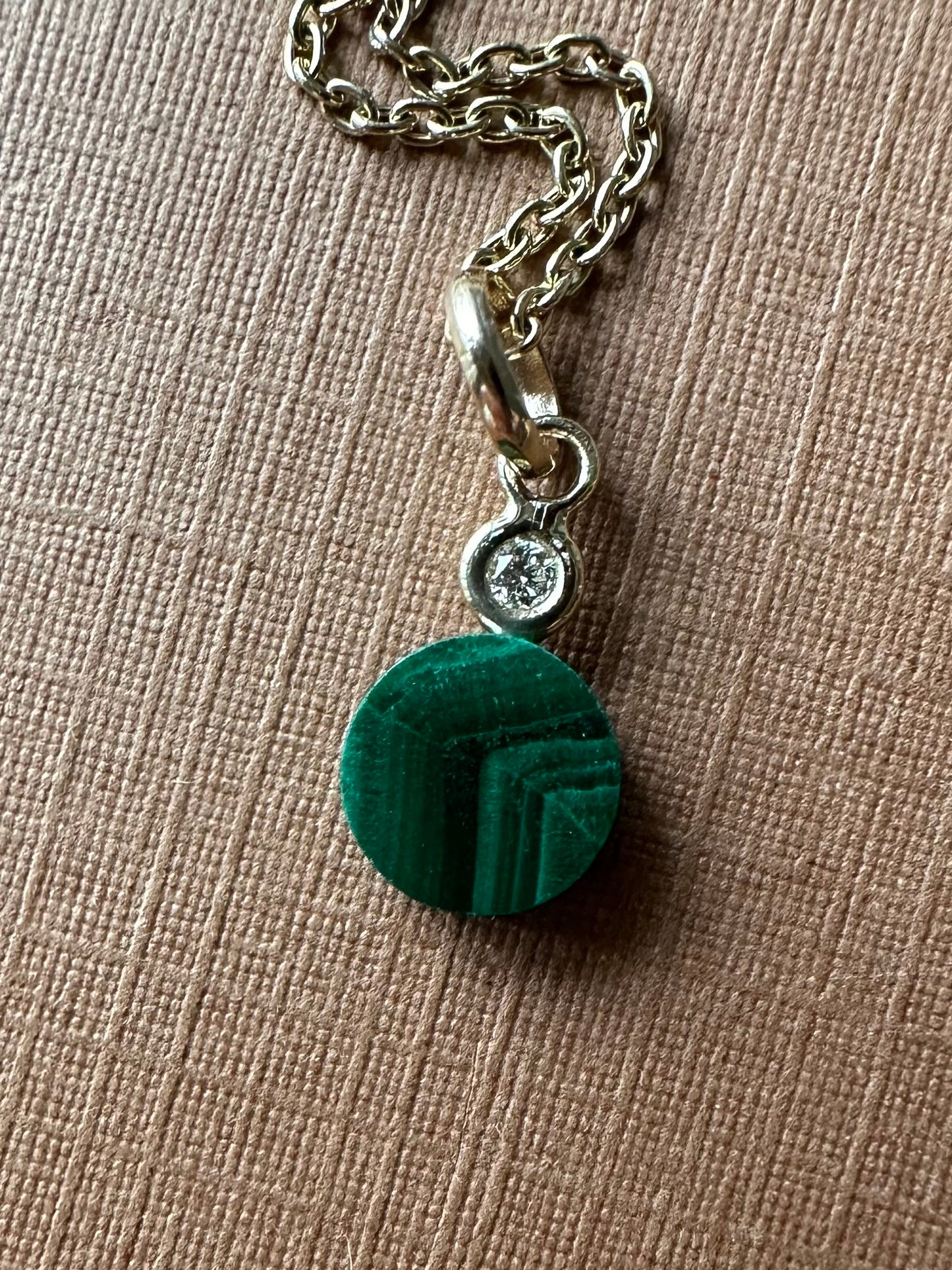 14k Solid Gold, Diamond, Malachite Mini Pendant Charm