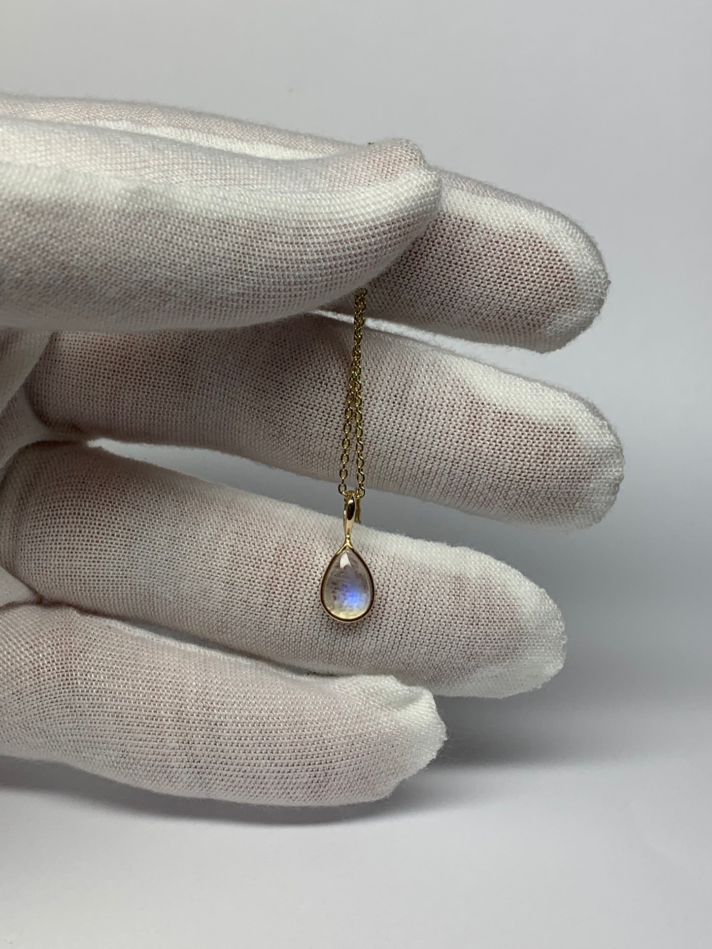 Mini Pendant “Moon Drop”, 14k Solid Yellow Gold, Natural Rainbow Blue Moonstone