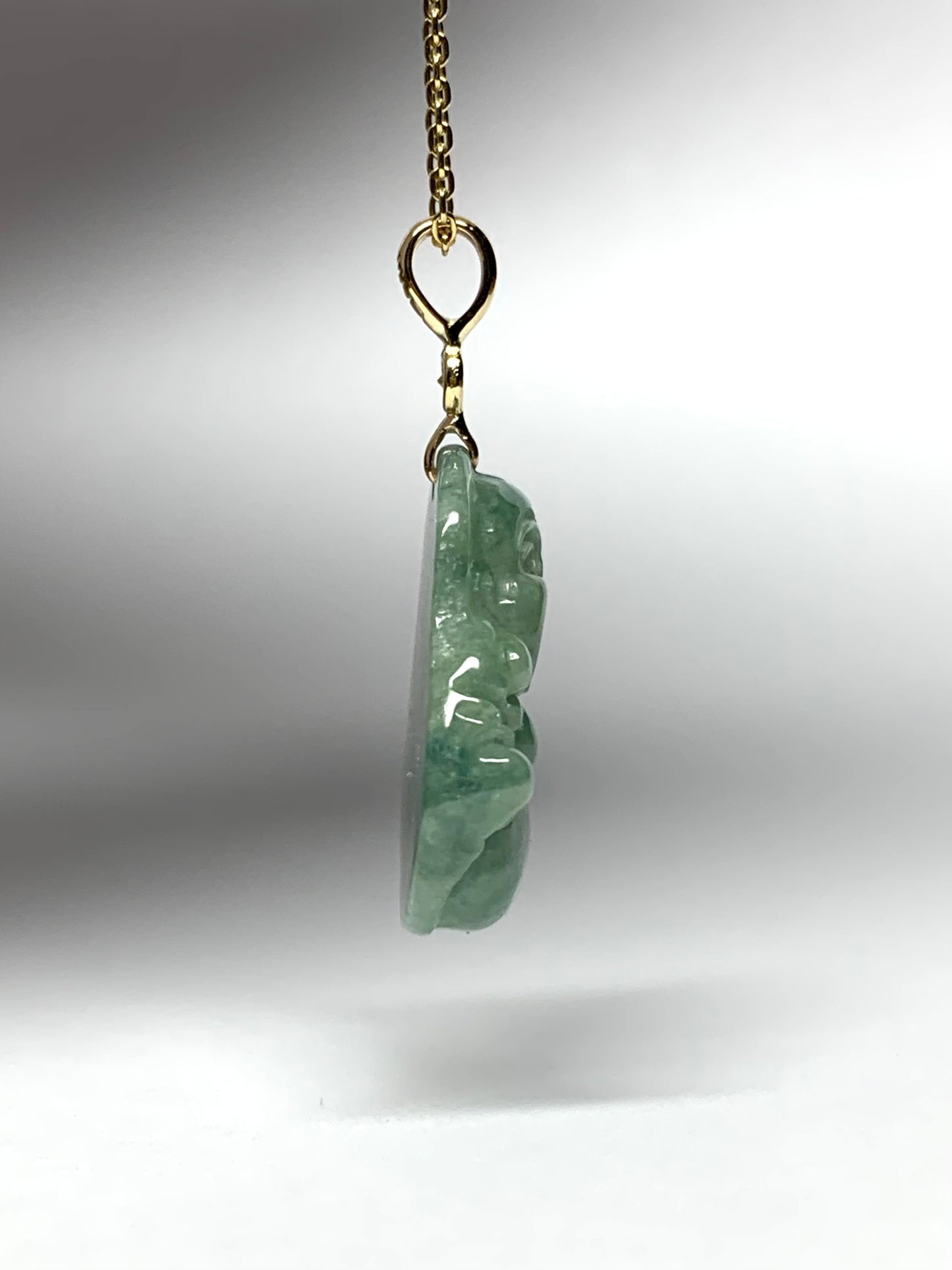 14K Solid Yellow Gold, Diamond, Pale Green Jade “Buddha” Pendant