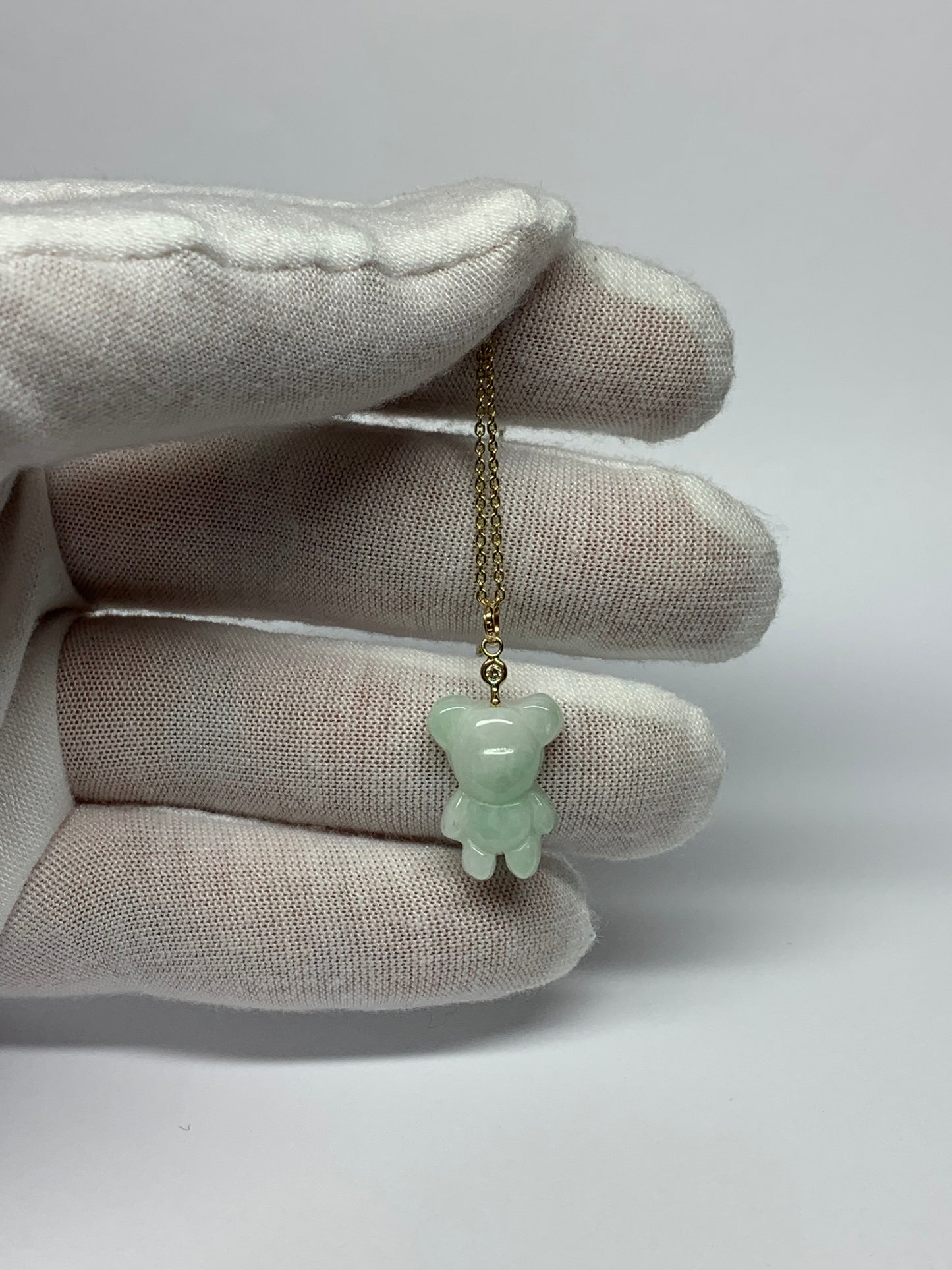 14k Solid Gold, Diamond, White Jade “Teddy Bear” Pendant