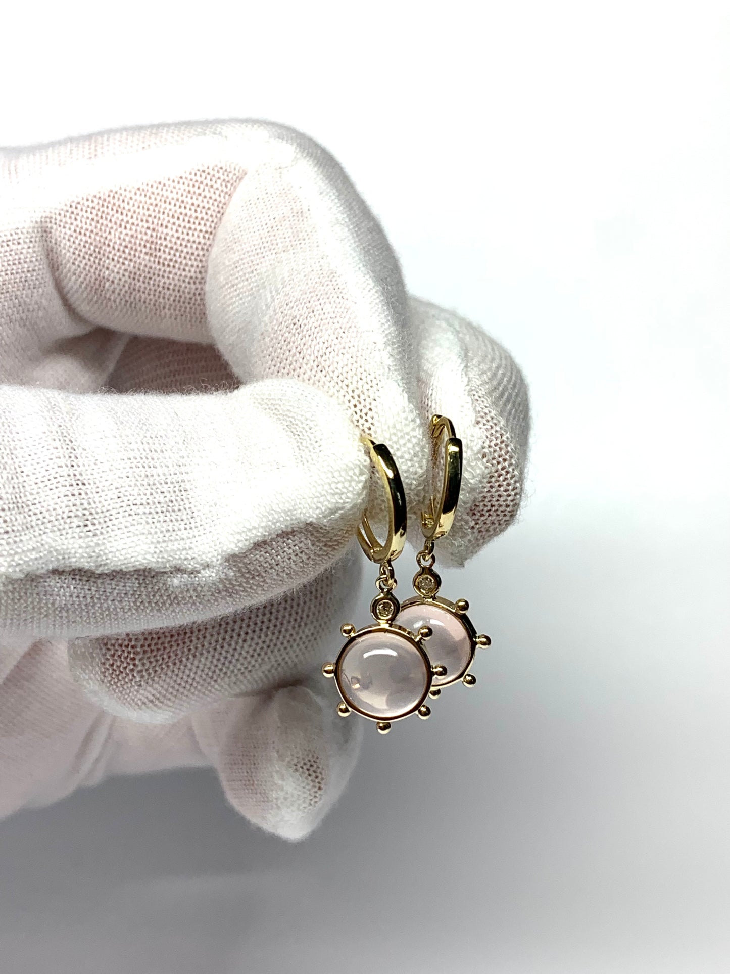 14k Solid Yellow Gold, Diamonds, Rose Pink Quartz “Sun” Mini Earrings