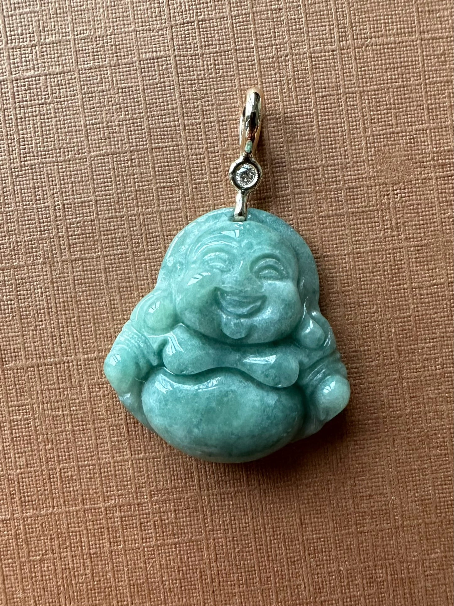 14K Solid Yellow Gold, Diamond, Pale Green Jade “Buddha” Pendant