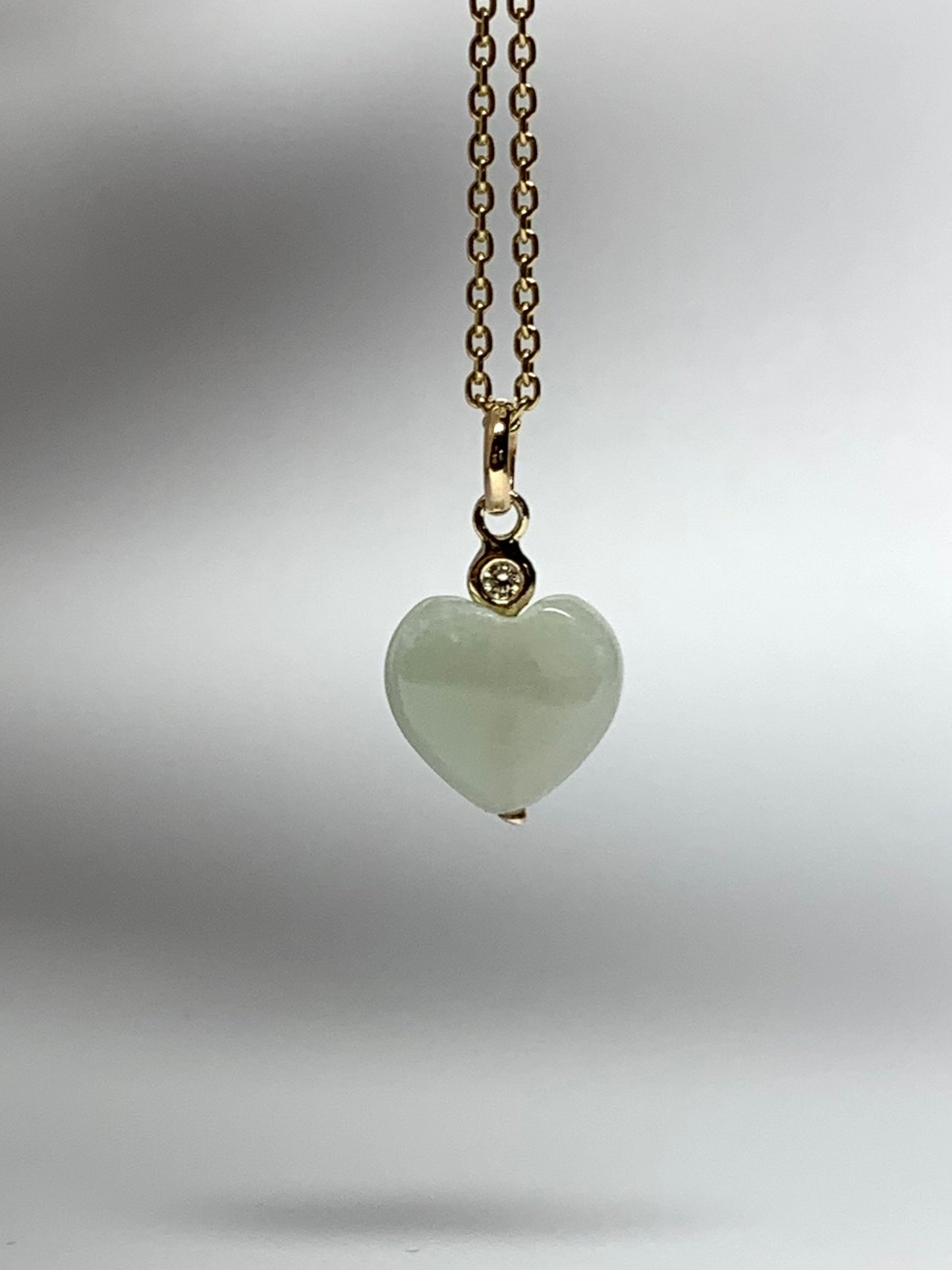 14k Solid Yellow Gold, Diamond, White Jade “Heart” Mini Pendant