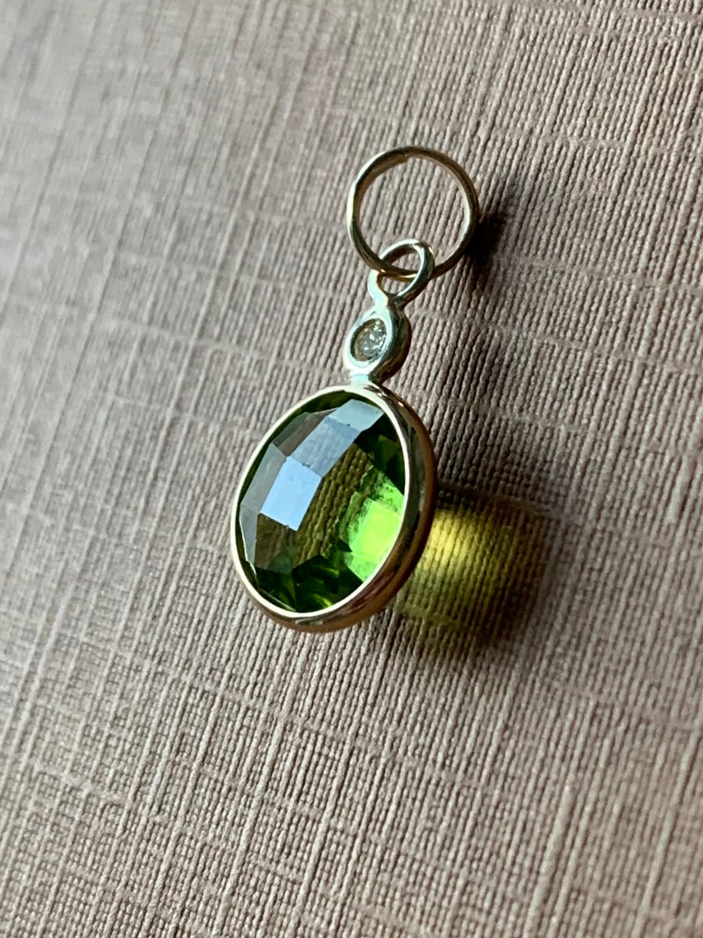 14k Solid Yellow Gold, Diamond, Green Peridot Mini Pendant