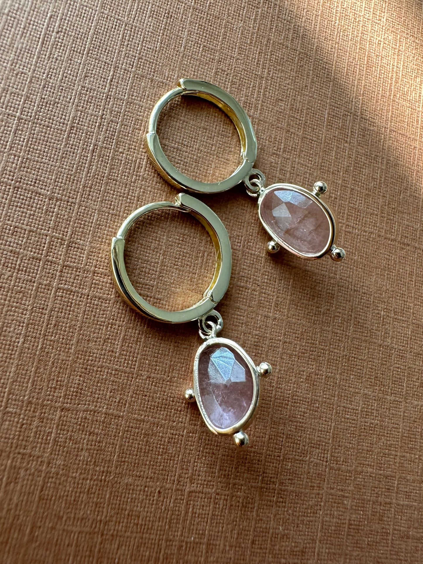 14k Solid Yellow Gold, Natural Pink Tourmaline Mini Hoop Earrings