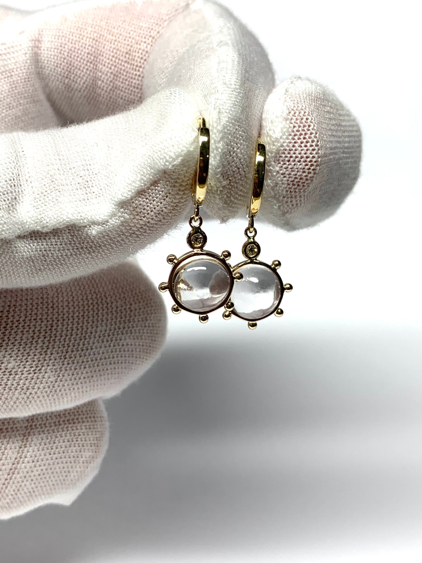 14k Solid Yellow Gold, Diamonds, Clear Quartz “Sun” Mini Earrings