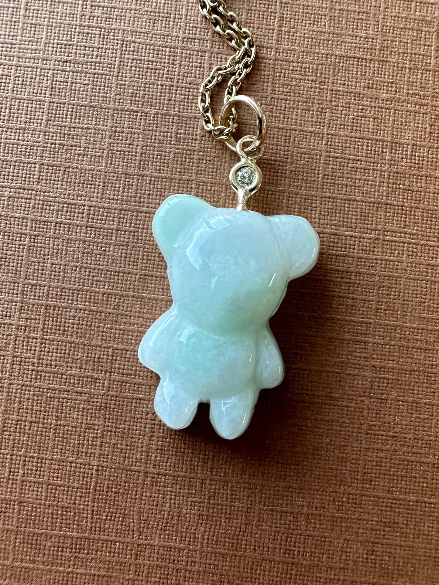 14k Solid Gold, Diamond, White Jade “Teddy Bear” Pendant