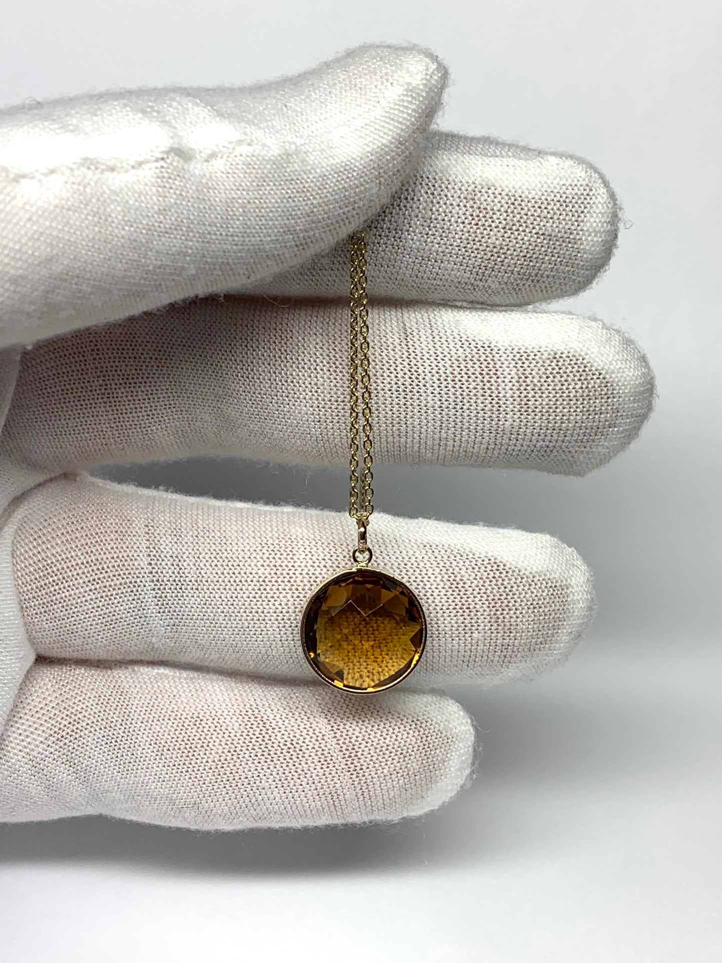 14K Solid Yellow Gold, Round Cognac Quartz Drop Pendant