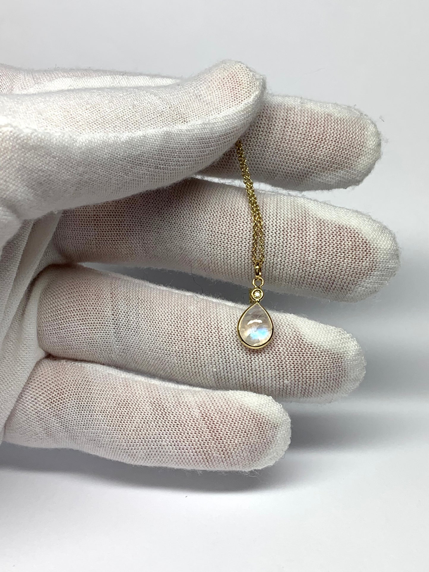 18k Solid Yellow Gold, Diamond, Pear Shaped Blue Rainbow Moonstone Mini Pendant