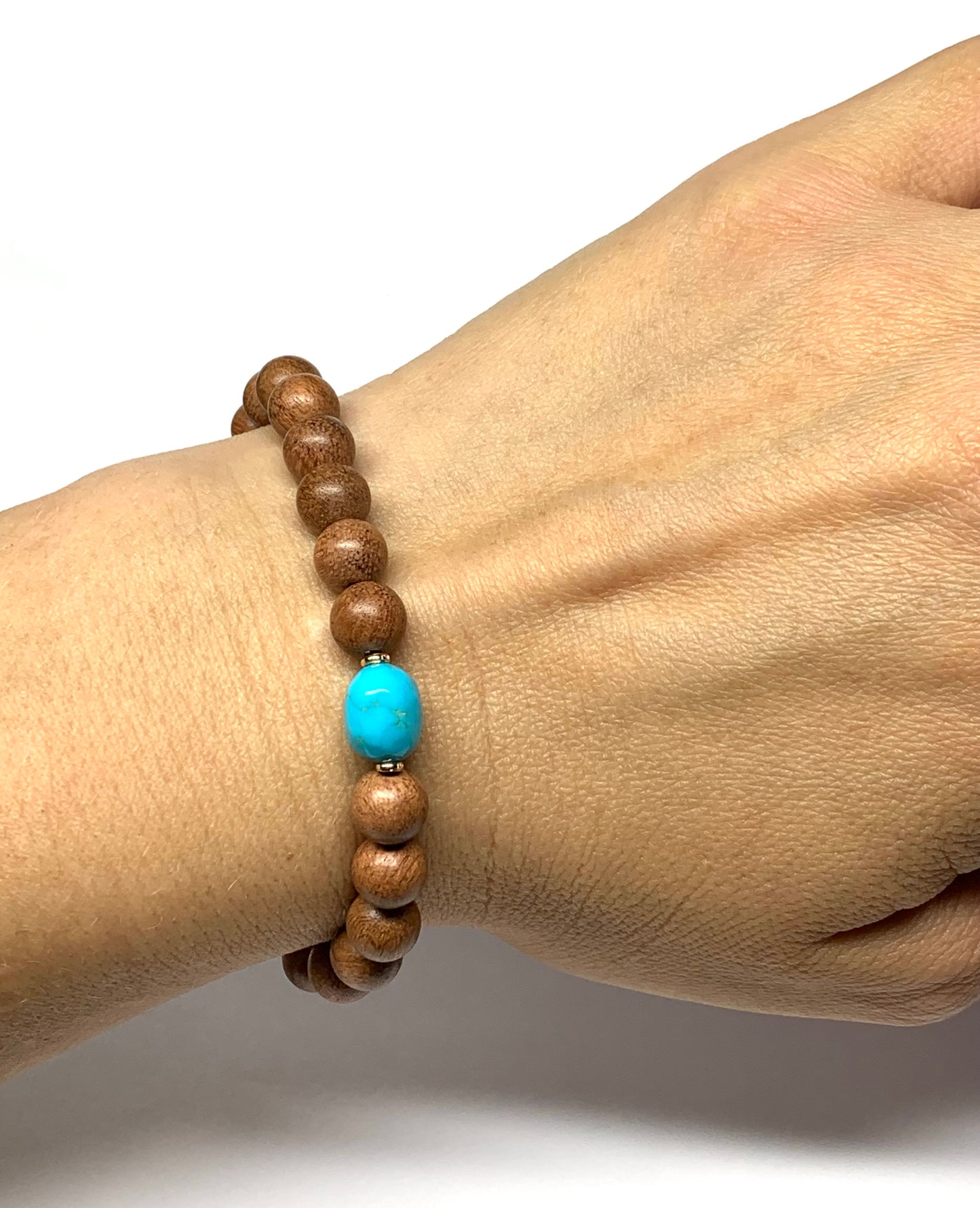 14k Solid Yellow Gold, Wood, Sleeping Beauty Turquoise Stretch Beaded Bracelet