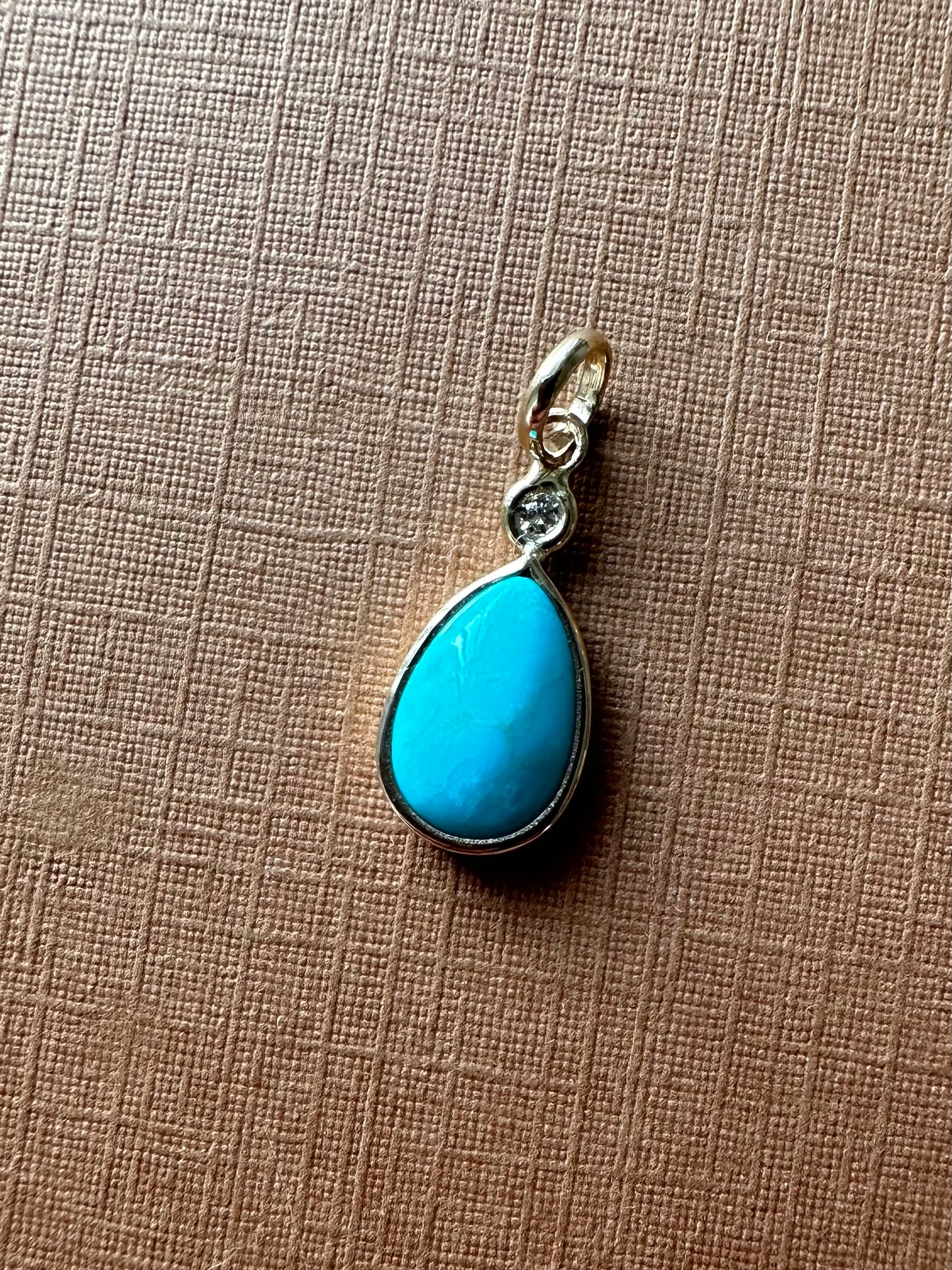 14k Solid Yellow Gold, Diamond, Sleeping Beauty Turquoise Tiny Pendant