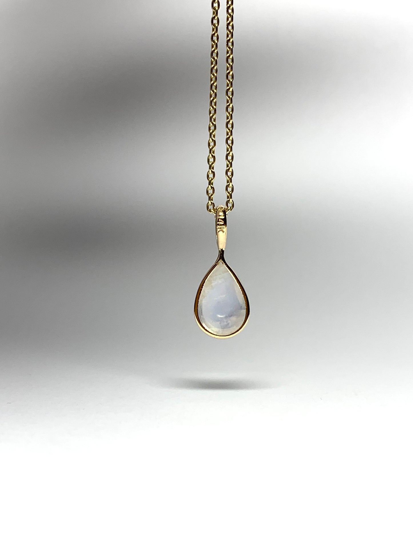 Mini Pendant “Moon Drop”, 14k Solid Yellow Gold, Natural Rainbow Blue Moonstone