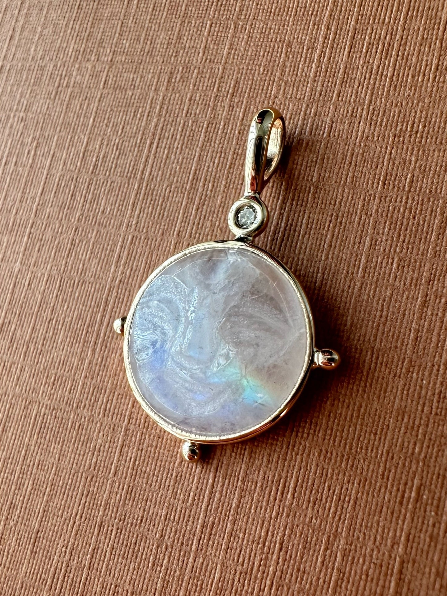 14k Solid Yellow Gold, White Diamond, Rainbow Moonstone “Moon Baby” Pendant, Small Size