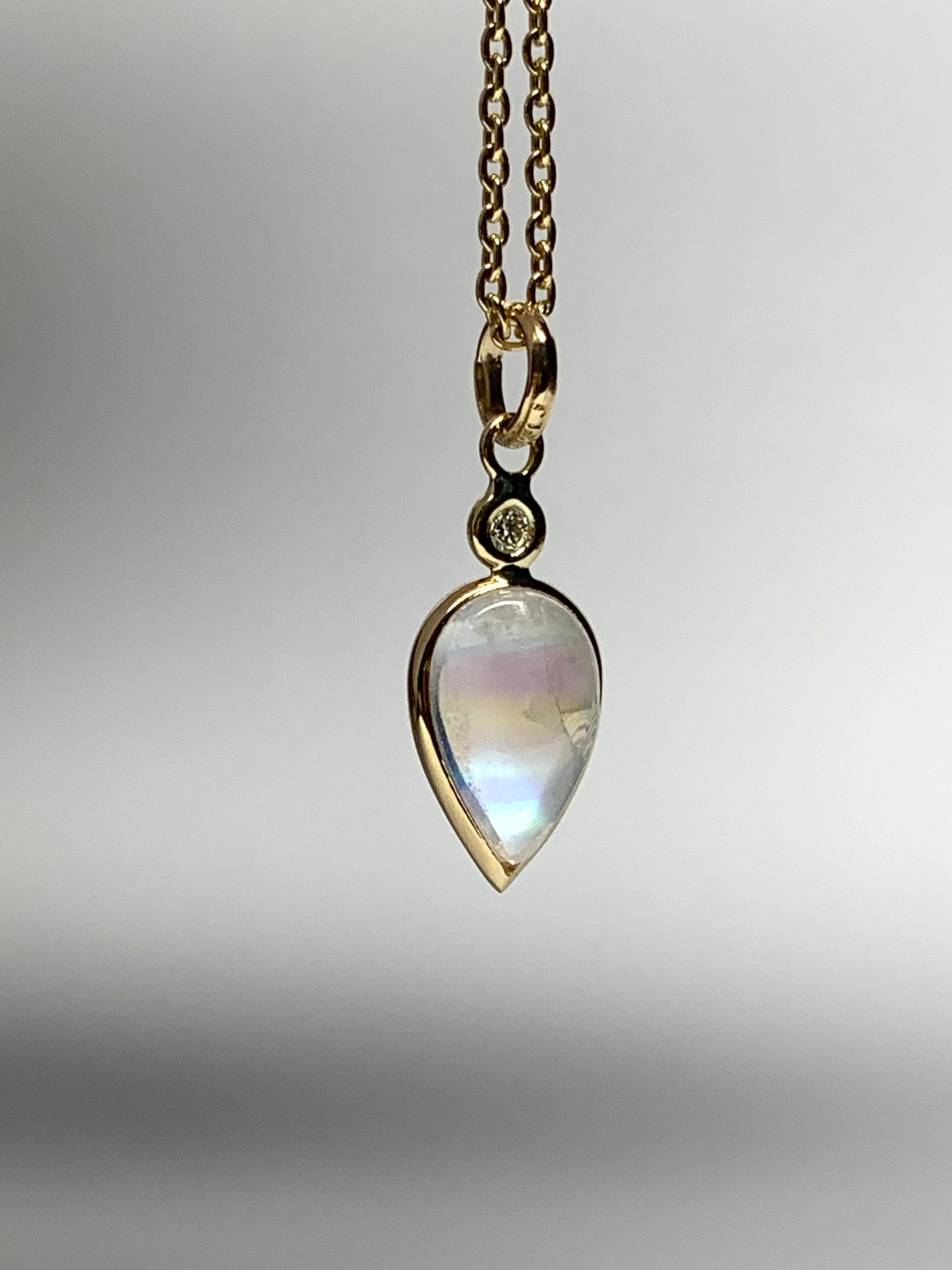 14k Solid Yellow Gold, Diamond, Pear Shaped Blue Rainbow Moonstone Mini Pendant