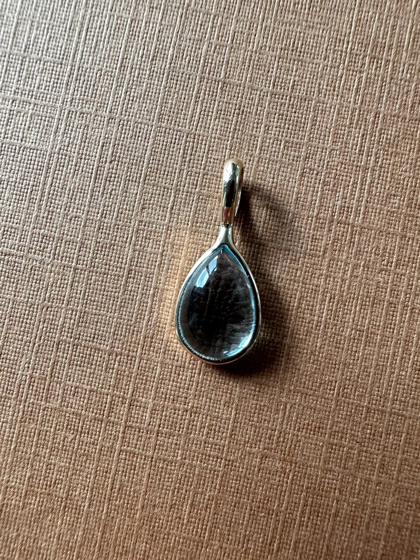 “Water Drop”, 14k Solid Yellow Gold, Blue Topaz Pear Cabochon Mini Pendant