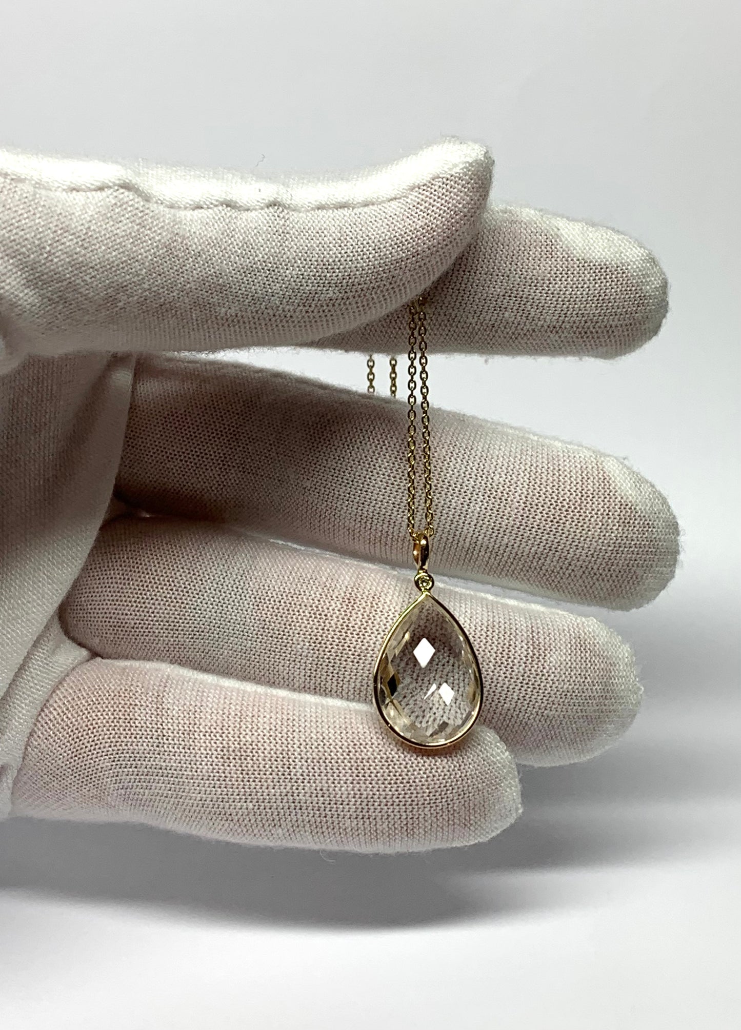 14K Solid Yellow Gold, Diamond, Clear Quartz Drop Pendant