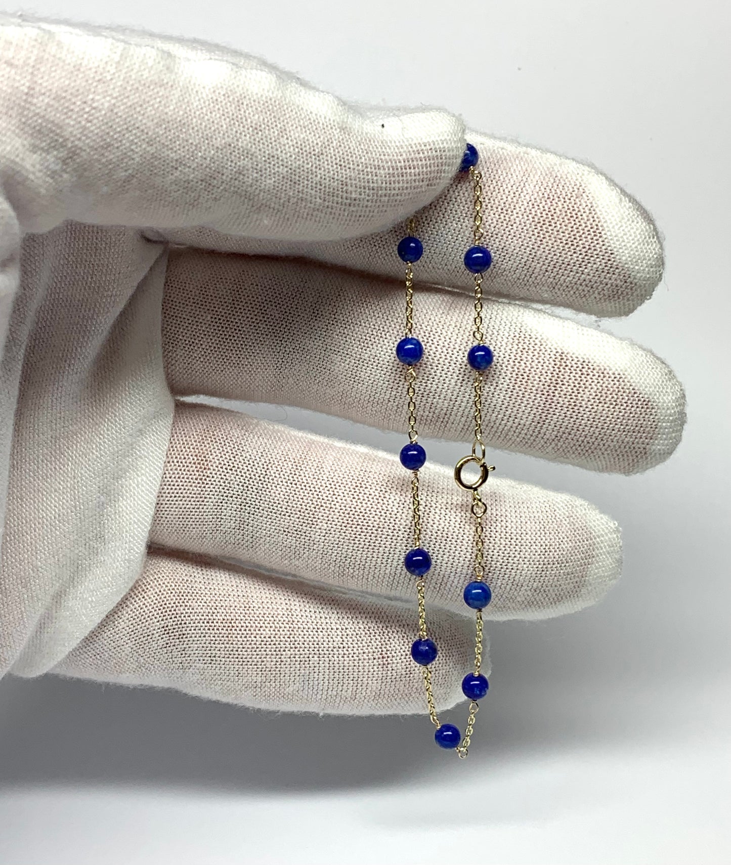 14k Solid Yellow Gold, Blue Lapis Lazuli Beads Station Bracelet