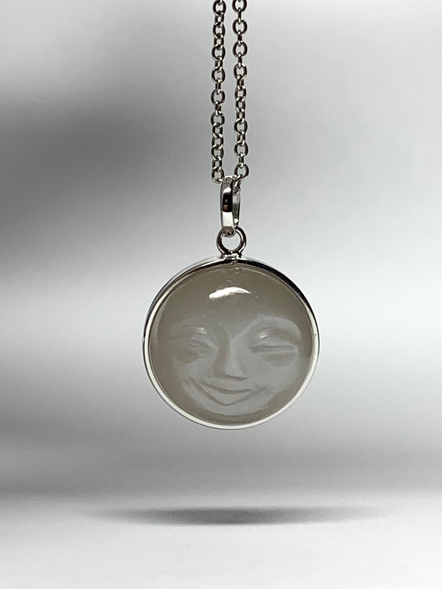 14k Solid White Gold, Grey Moonstone “Moon” Pendant, Small Size