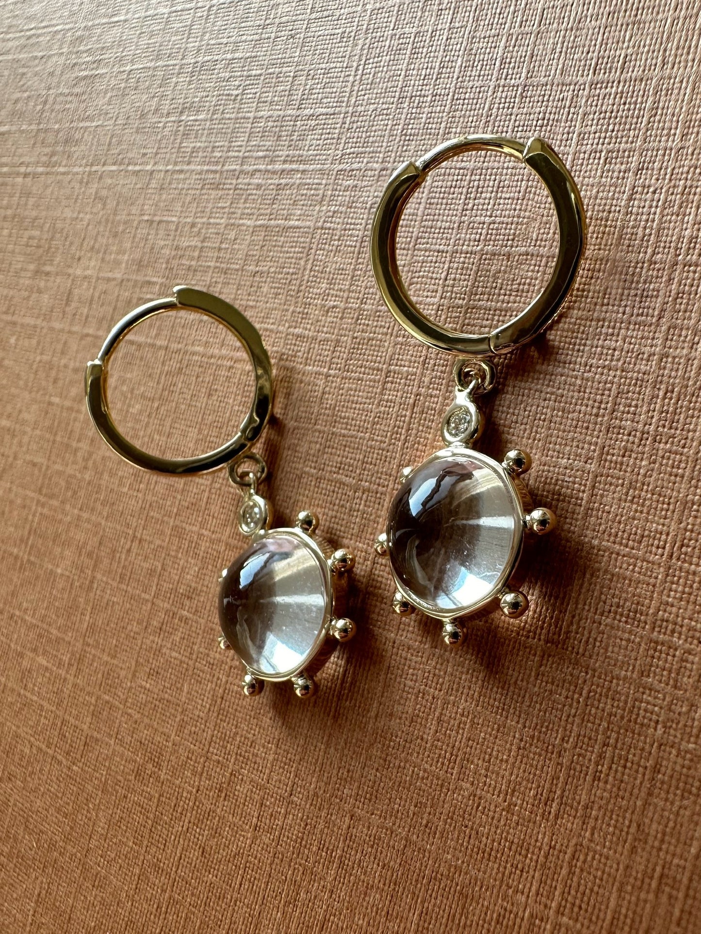 14k Solid Yellow Gold, Diamonds, Clear Quartz “Sun” Mini Earrings