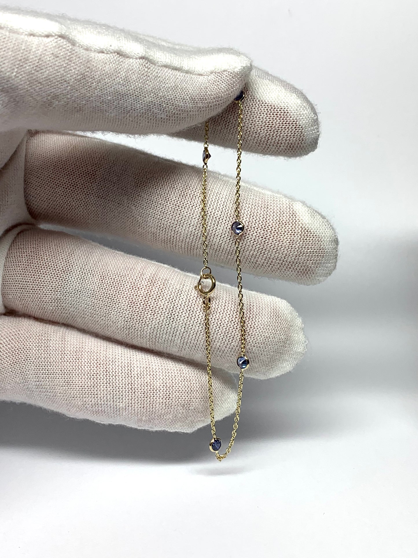 14k Solid Yellow Gold, Blue Cubic Zirconia Station Bracelet